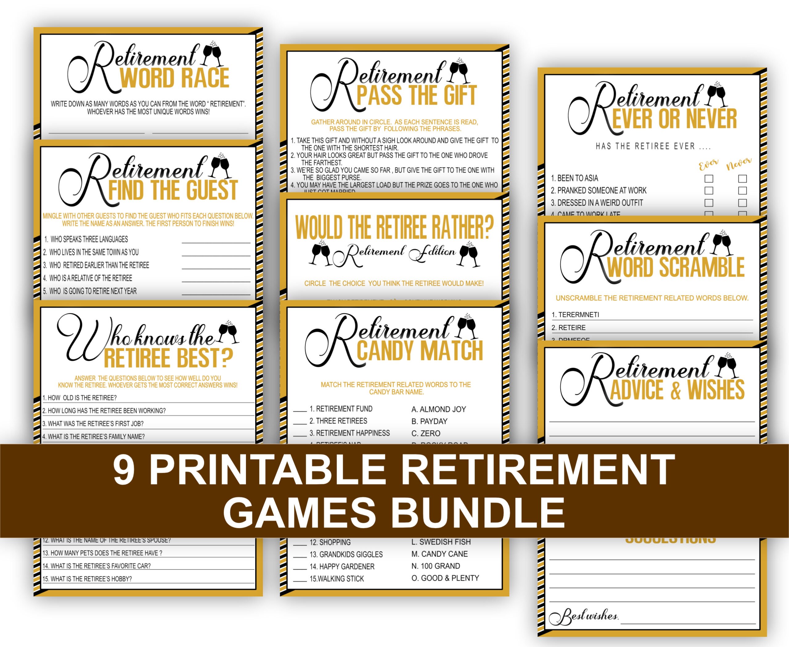 GAMES Gold Black Retirement Games Bundle – Printable Fun