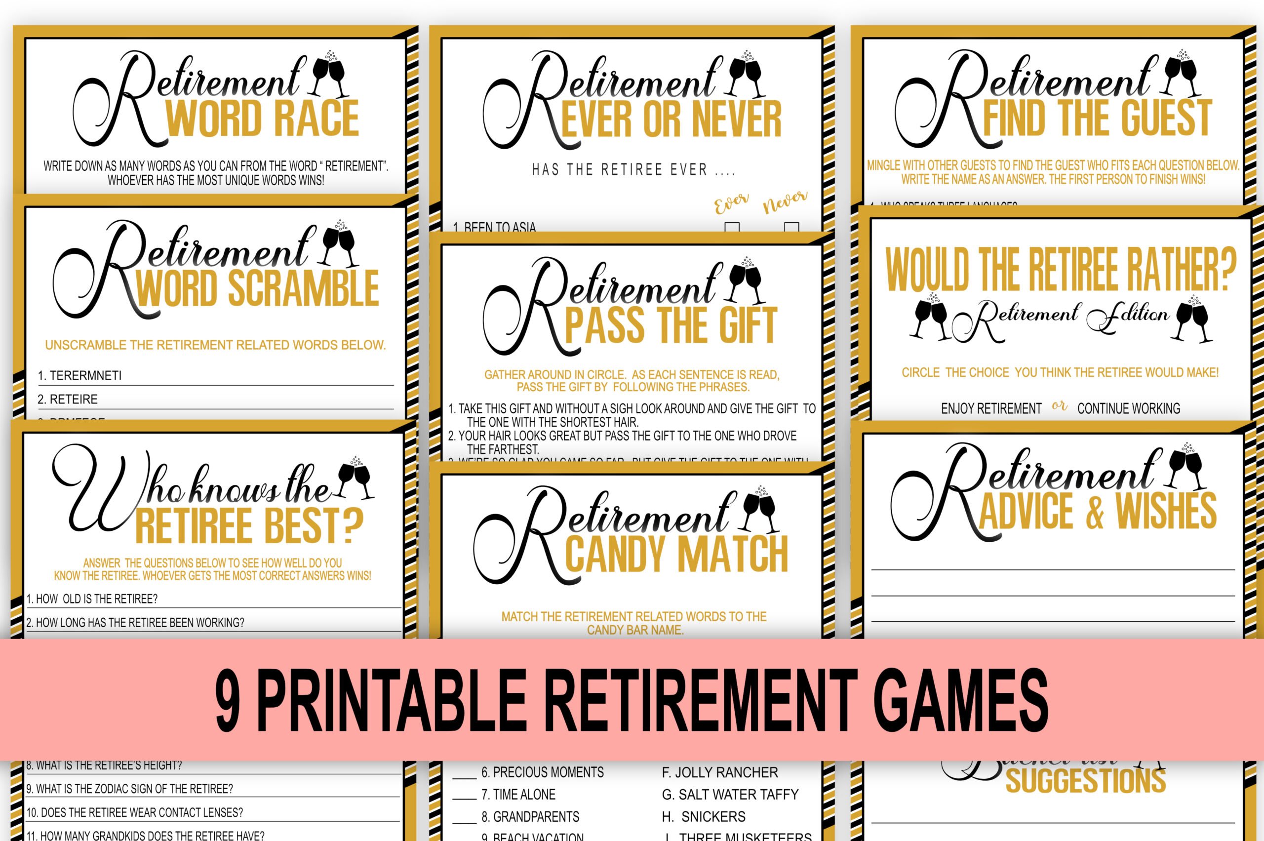 GAMES Gold Black Retirement Games Bundle – Printable Fun