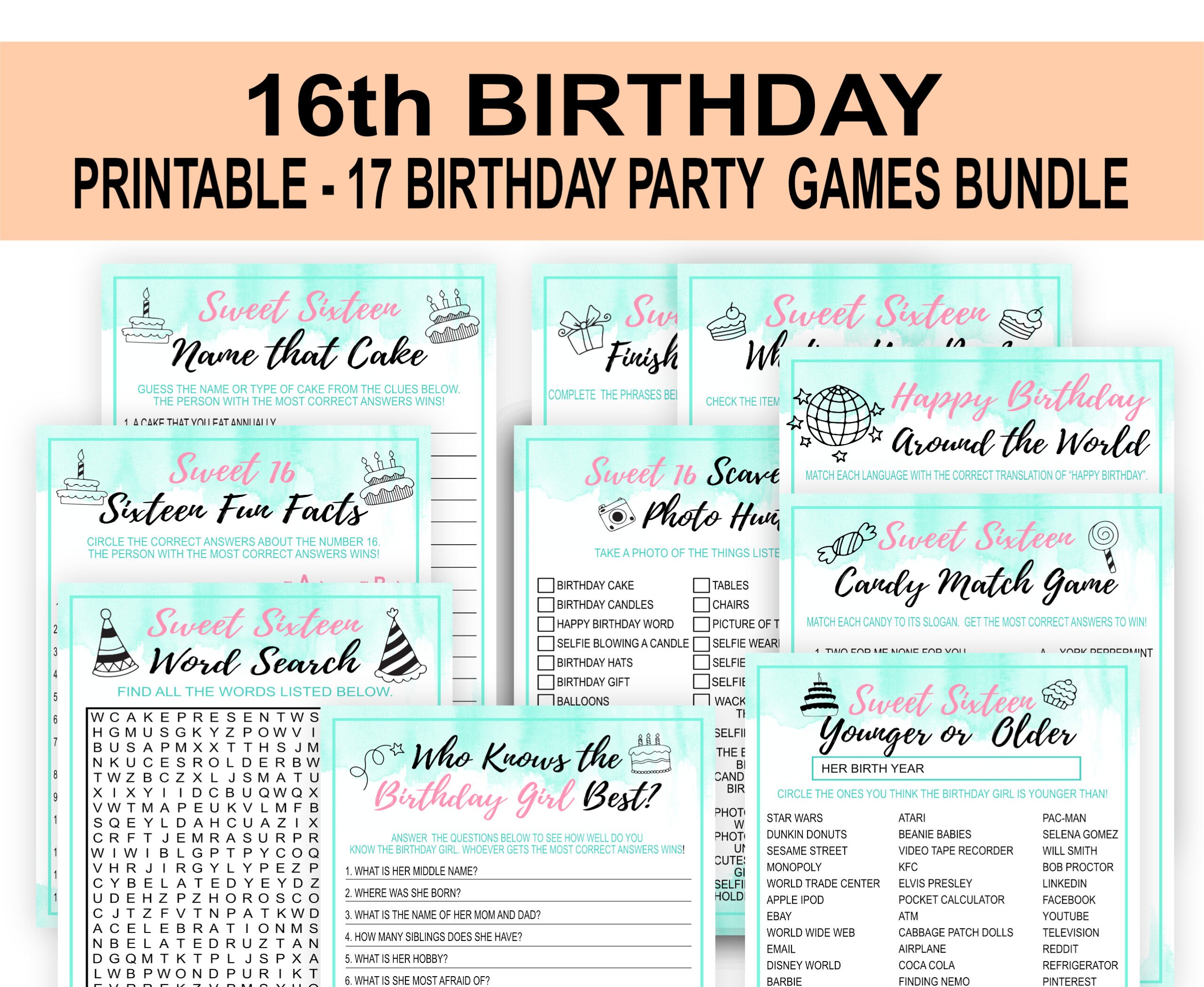 Birthday Games Mint and Pink Sweet Sixteen Birthday Party Games Bundle for Girls 16th Birthday Party Games