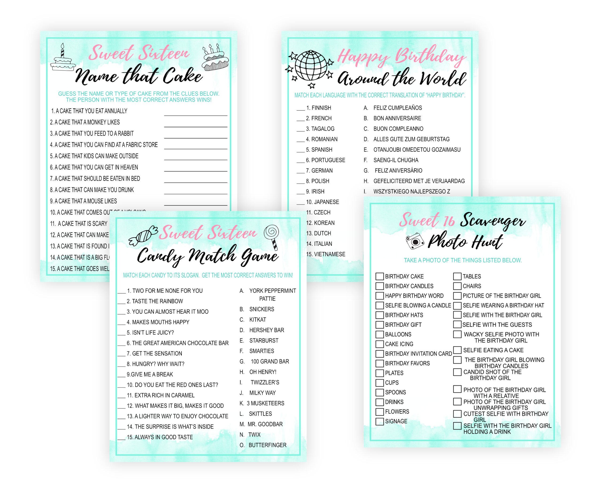 Birthday Games Mint and Pink Sweet Sixteen Birthday Party Games Bundle for Girls 16th Birthday Party Games