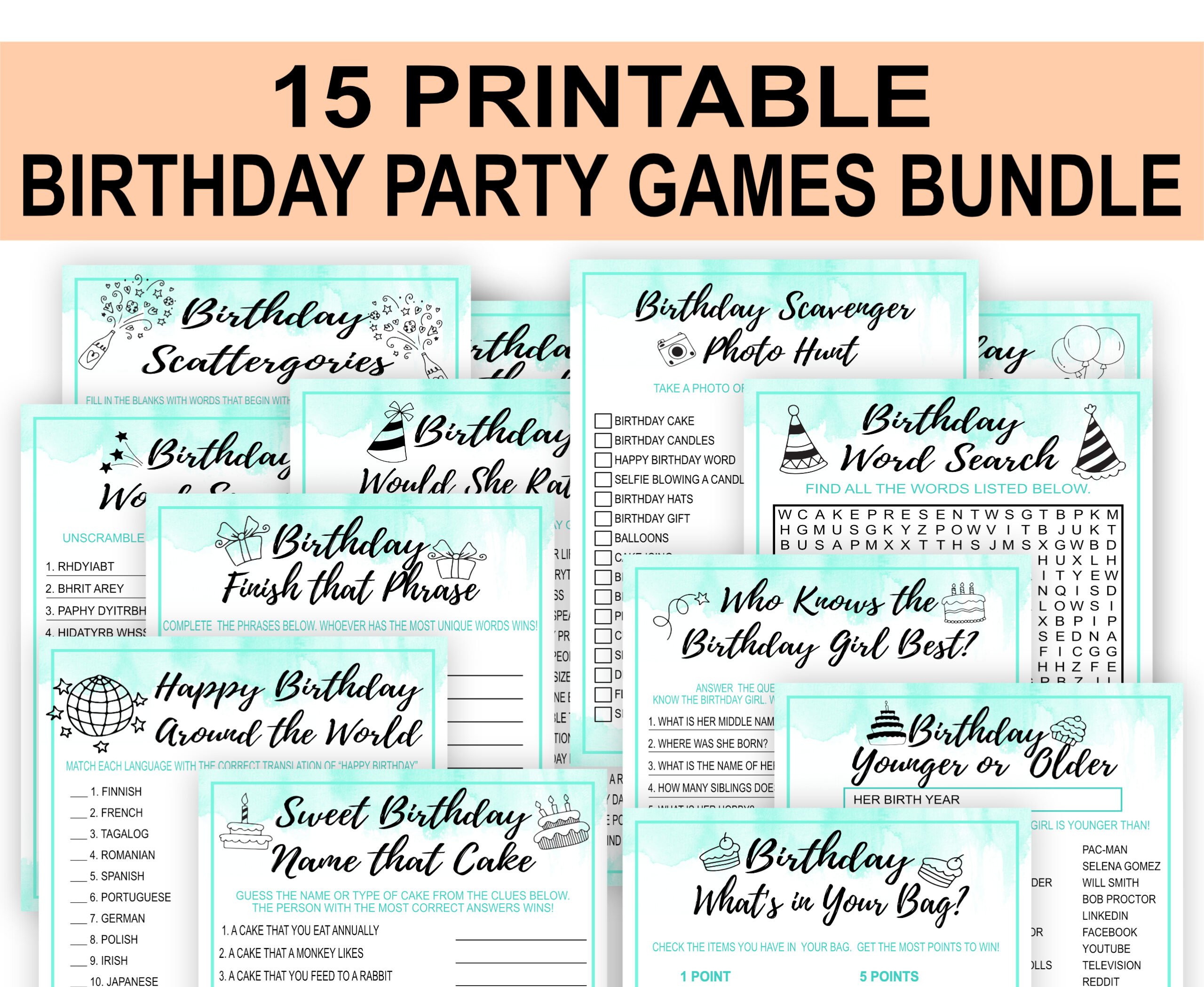 Birthday Games Mint and Black Birthday Party Games Bundle Adult Birthday