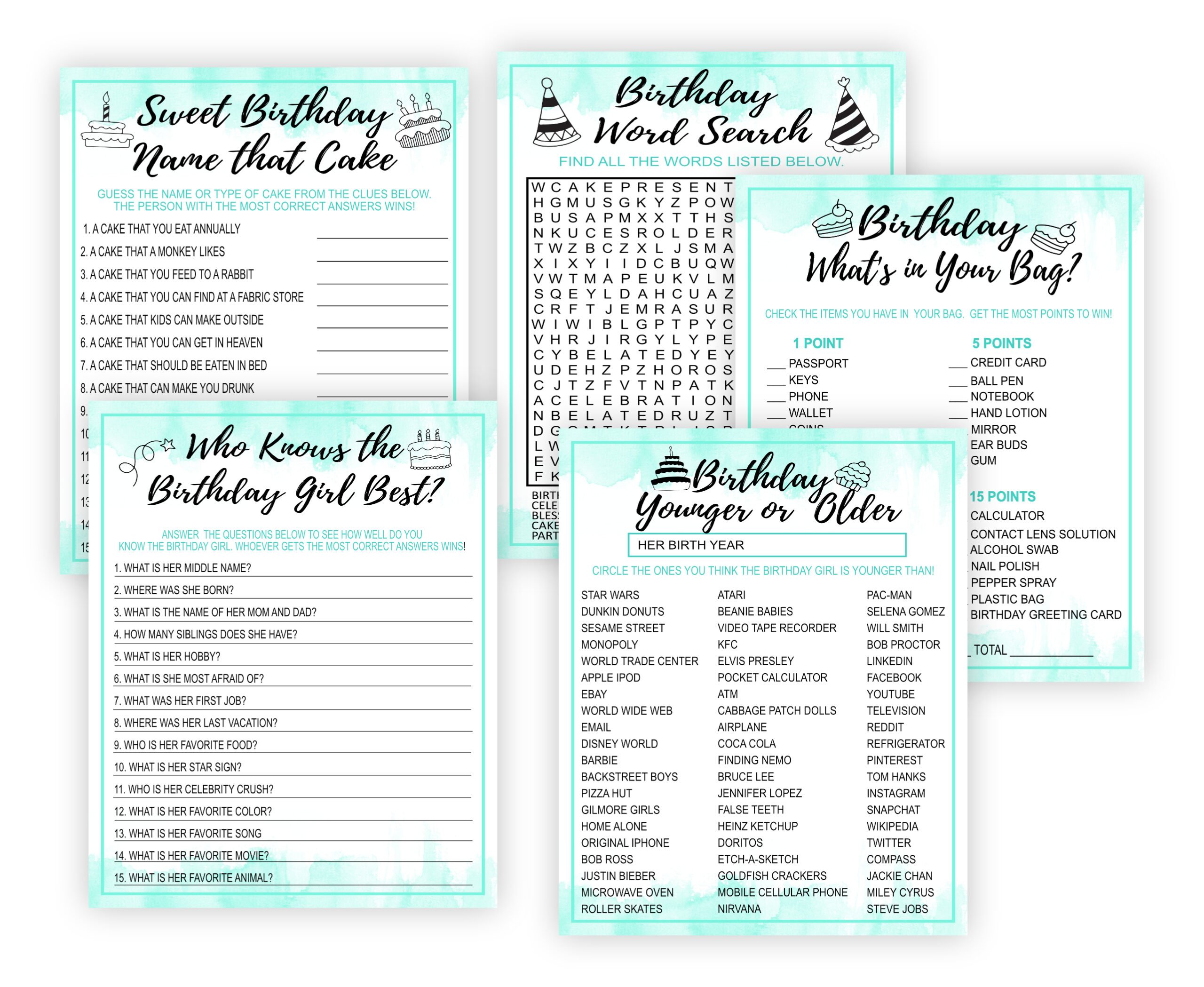 Birthday Games Mint and Black Birthday Party Games Bundle Adult Birthday