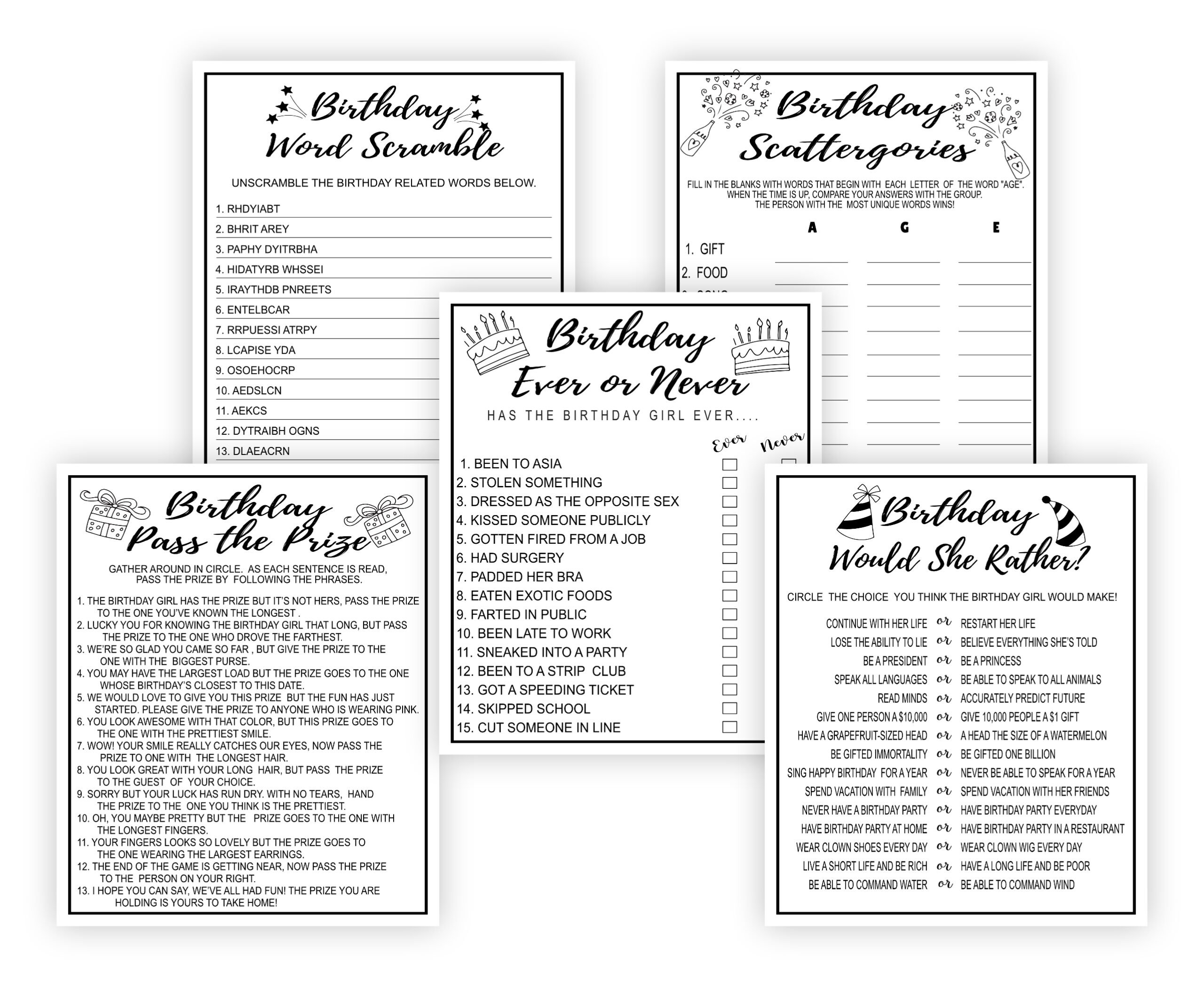 Birthday Games Black and White Birthday Party Games Bundle – Printable Adult Birthday Party Games