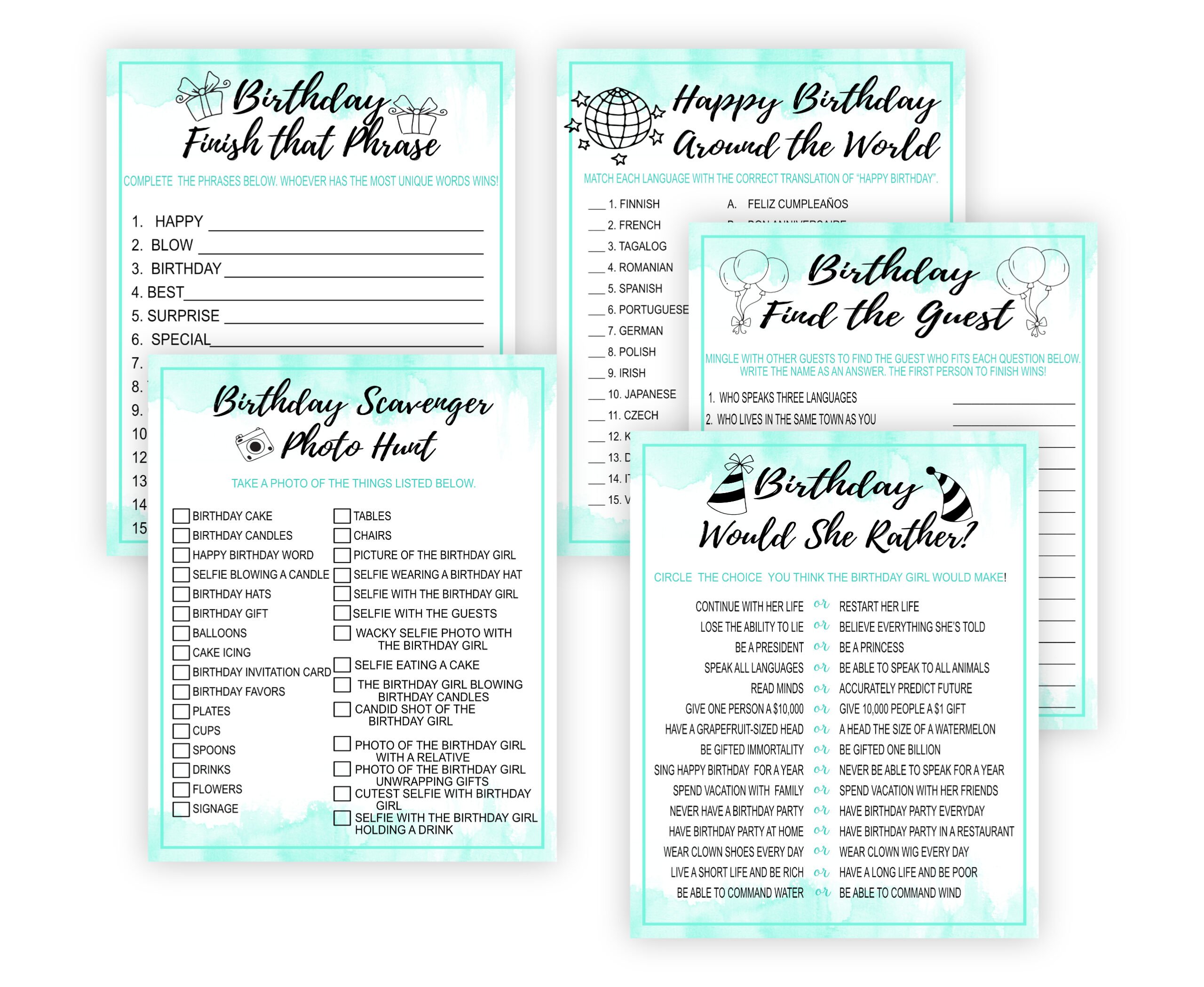 Birthday Games Mint and Black Birthday Party Games Bundle Adult Birthday