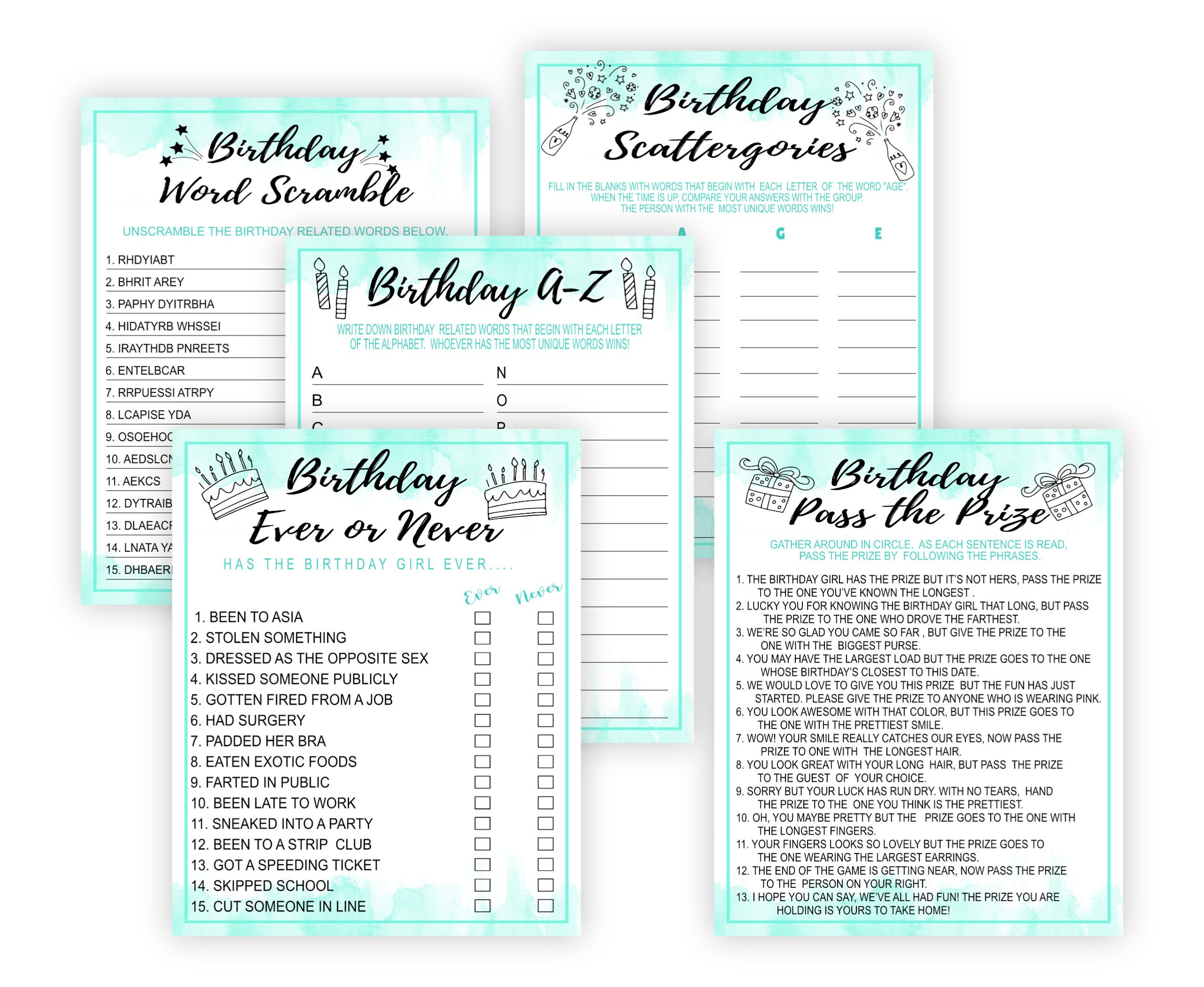 Birthday Games Mint and Black Birthday Party Games Bundle Adult Birthday