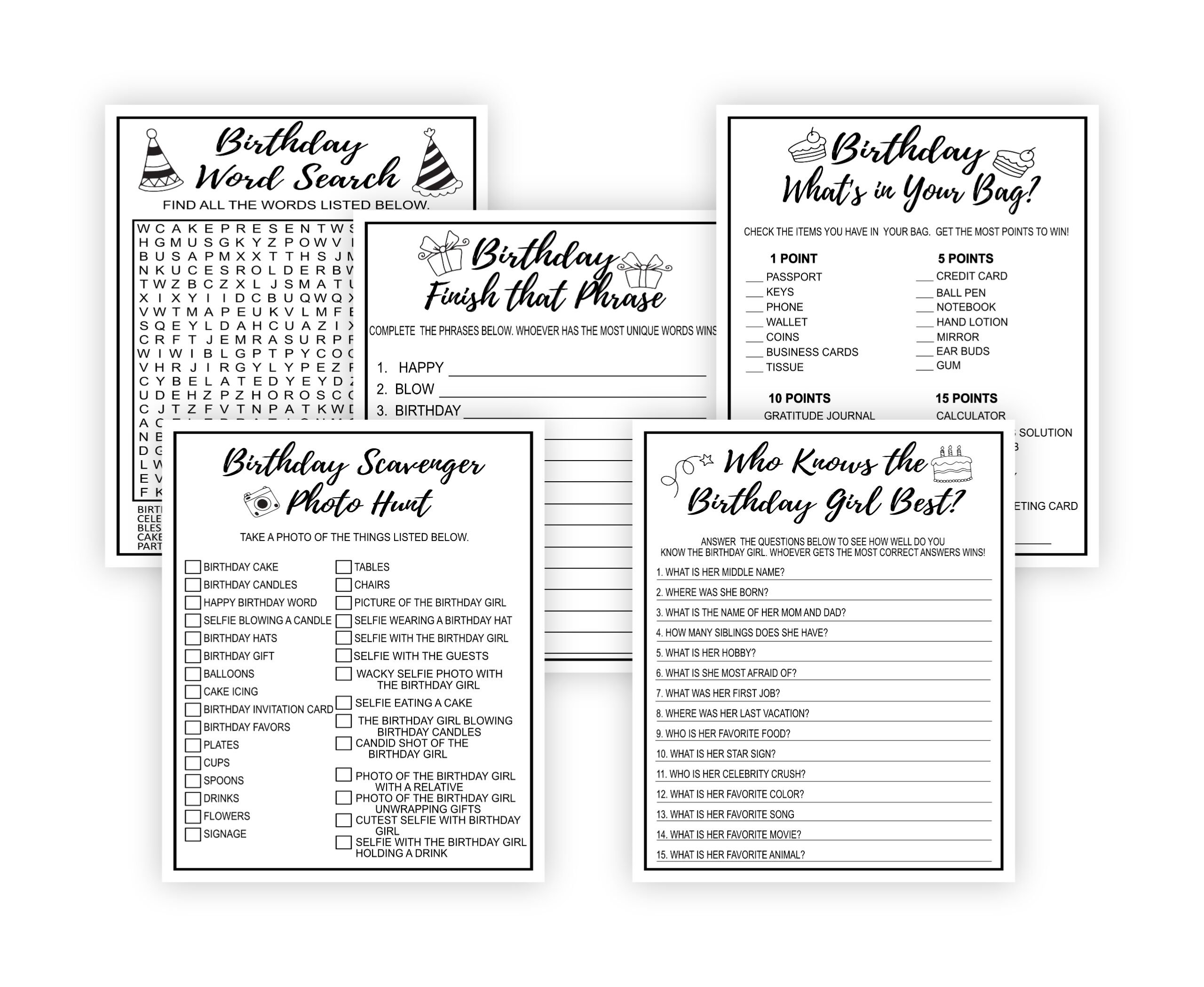 Birthday Games Black and White Birthday Party Games Bundle – Printable Adult Birthday Party Games