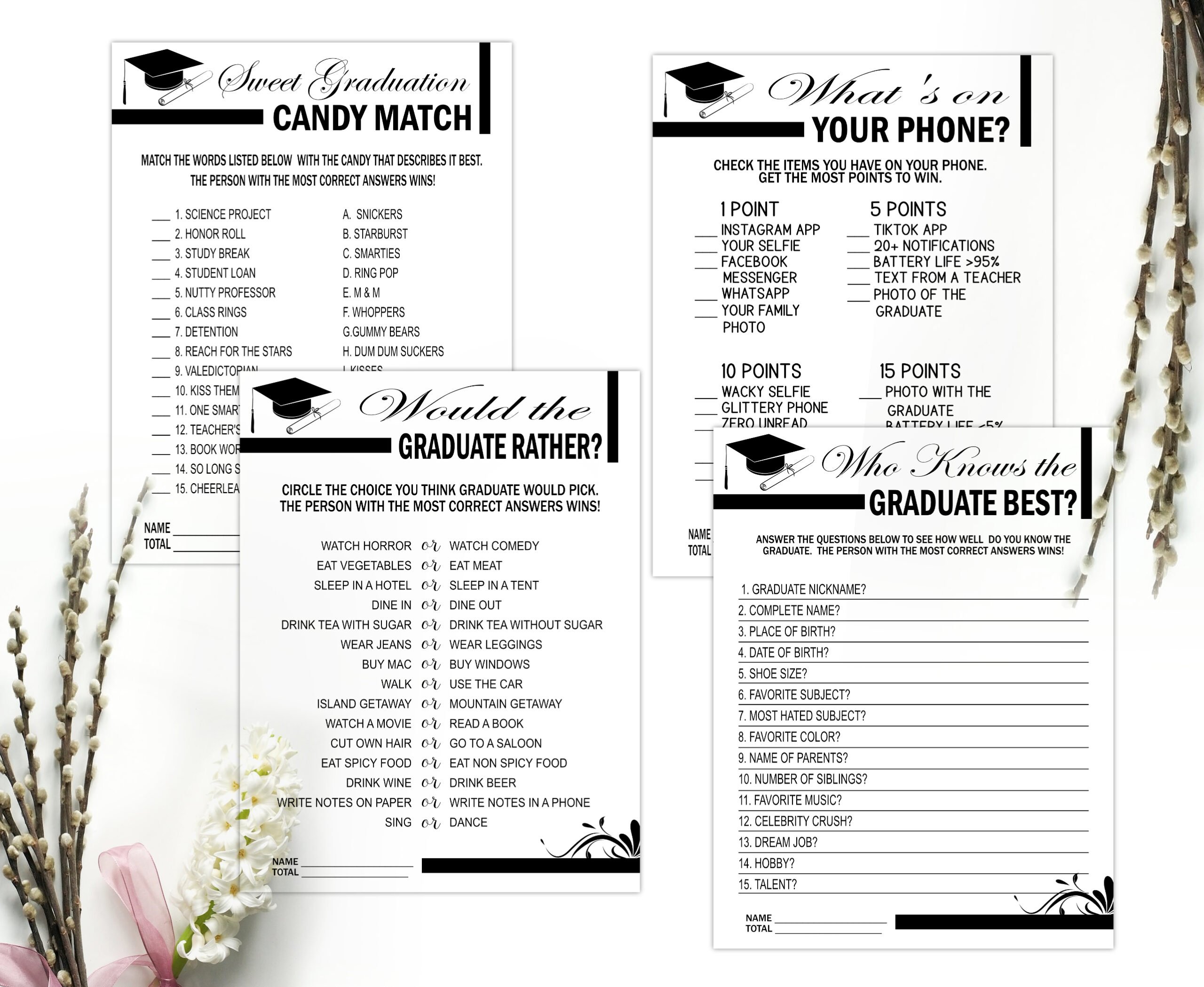 GAMES Black & White GRADUATION GAMES 14-1 bundle Black White Graduation Party Game Bundle Pack Printable