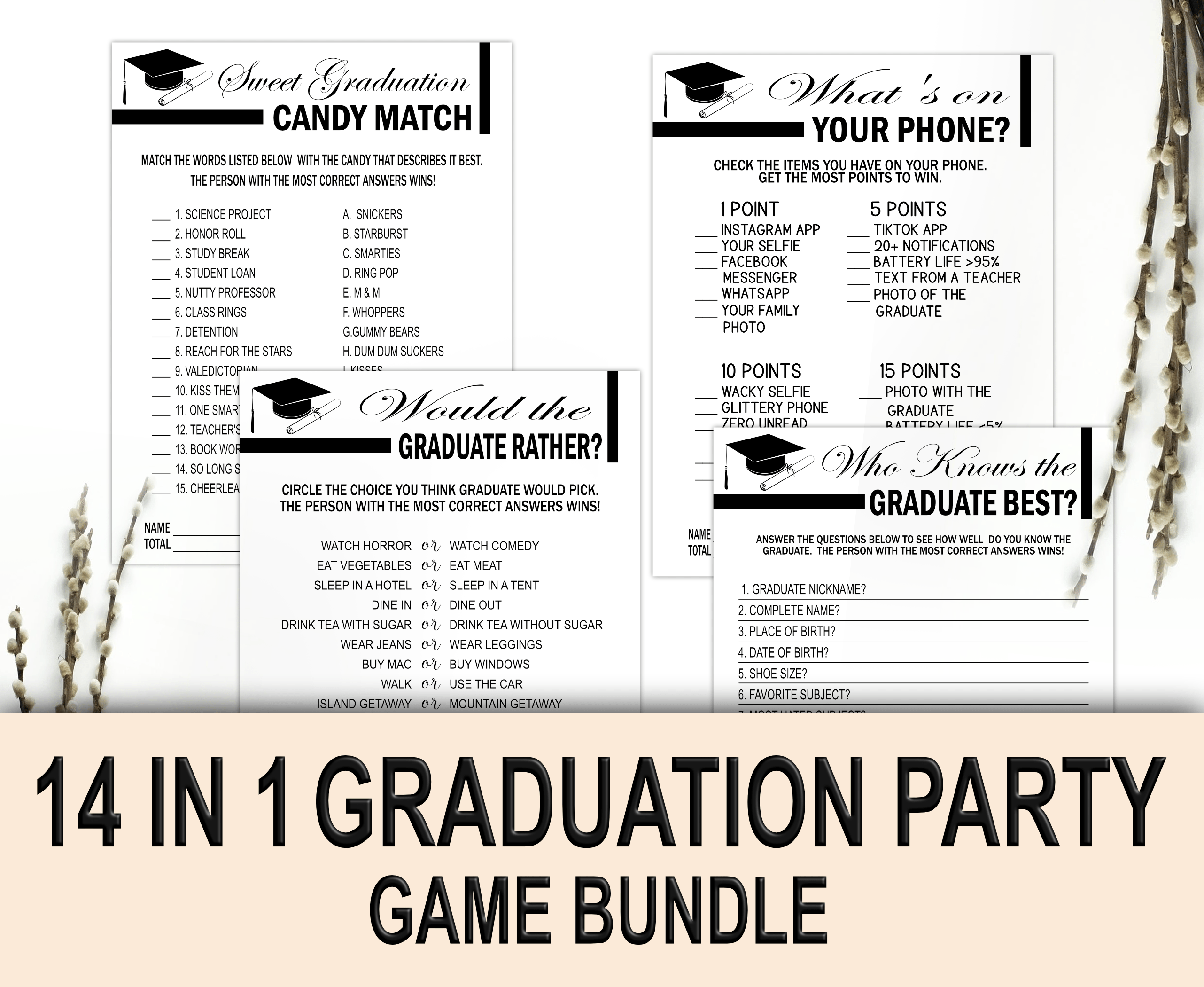 GAMES Black & White GRADUATION GAMES 14-1 bundle Black White Graduation Party Game Bundle Pack Printable