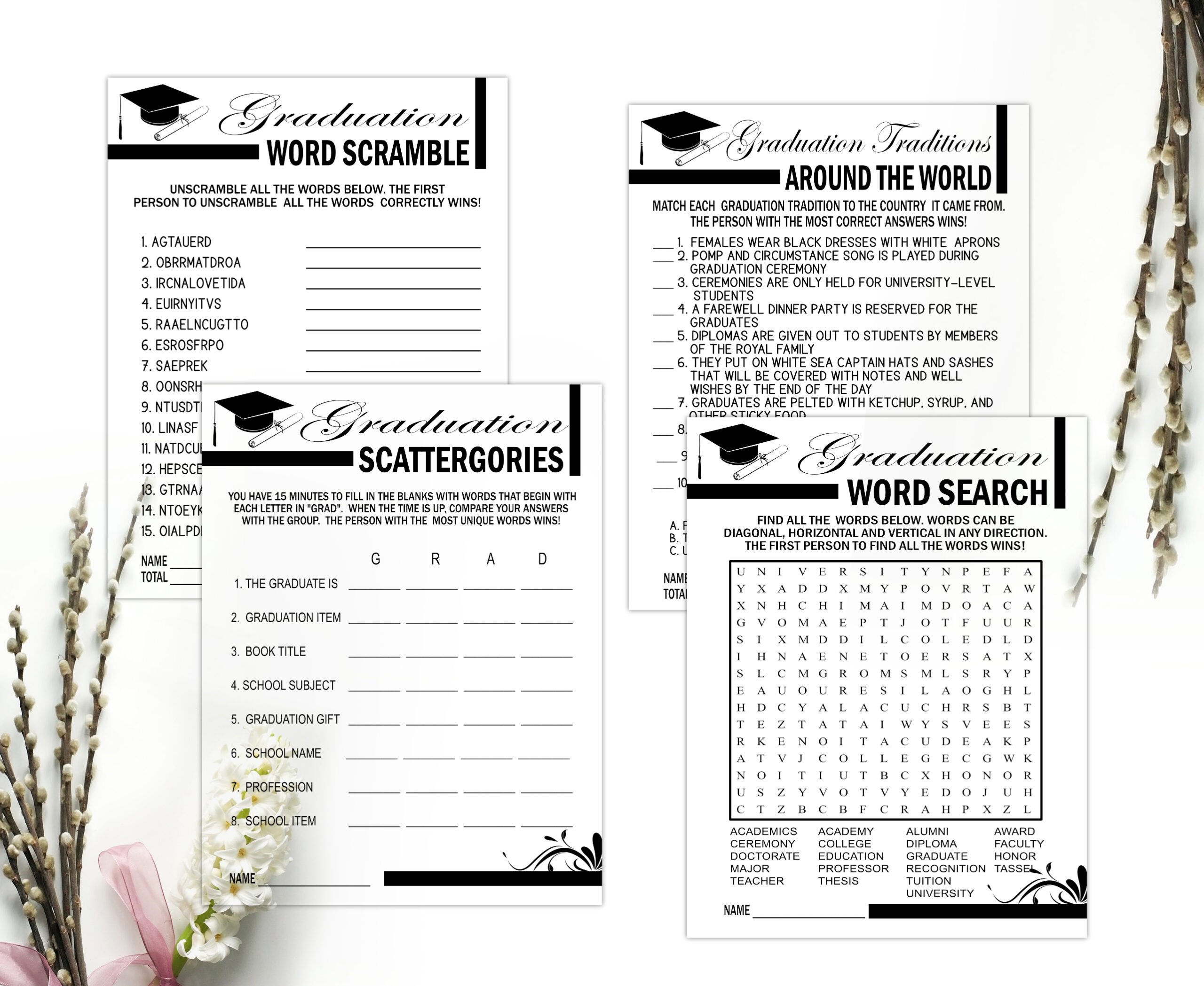 GAMES Black & White GRADUATION GAMES 14-1 bundle Black White Graduation Party Game Bundle Pack Printable