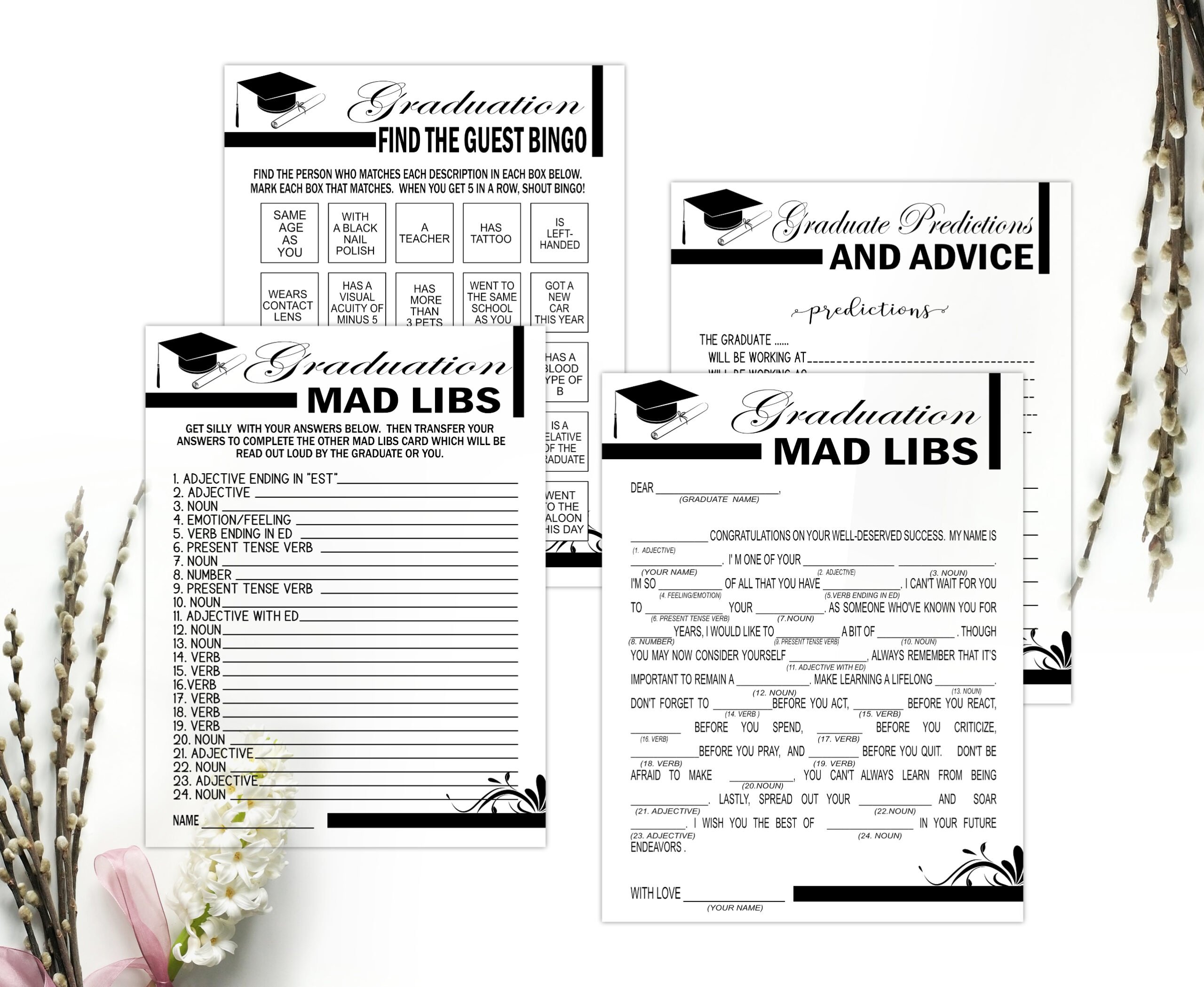 GAMES Black & White GRADUATION GAMES 14-1 bundle Black White Graduation Party Game Bundle Pack Printable