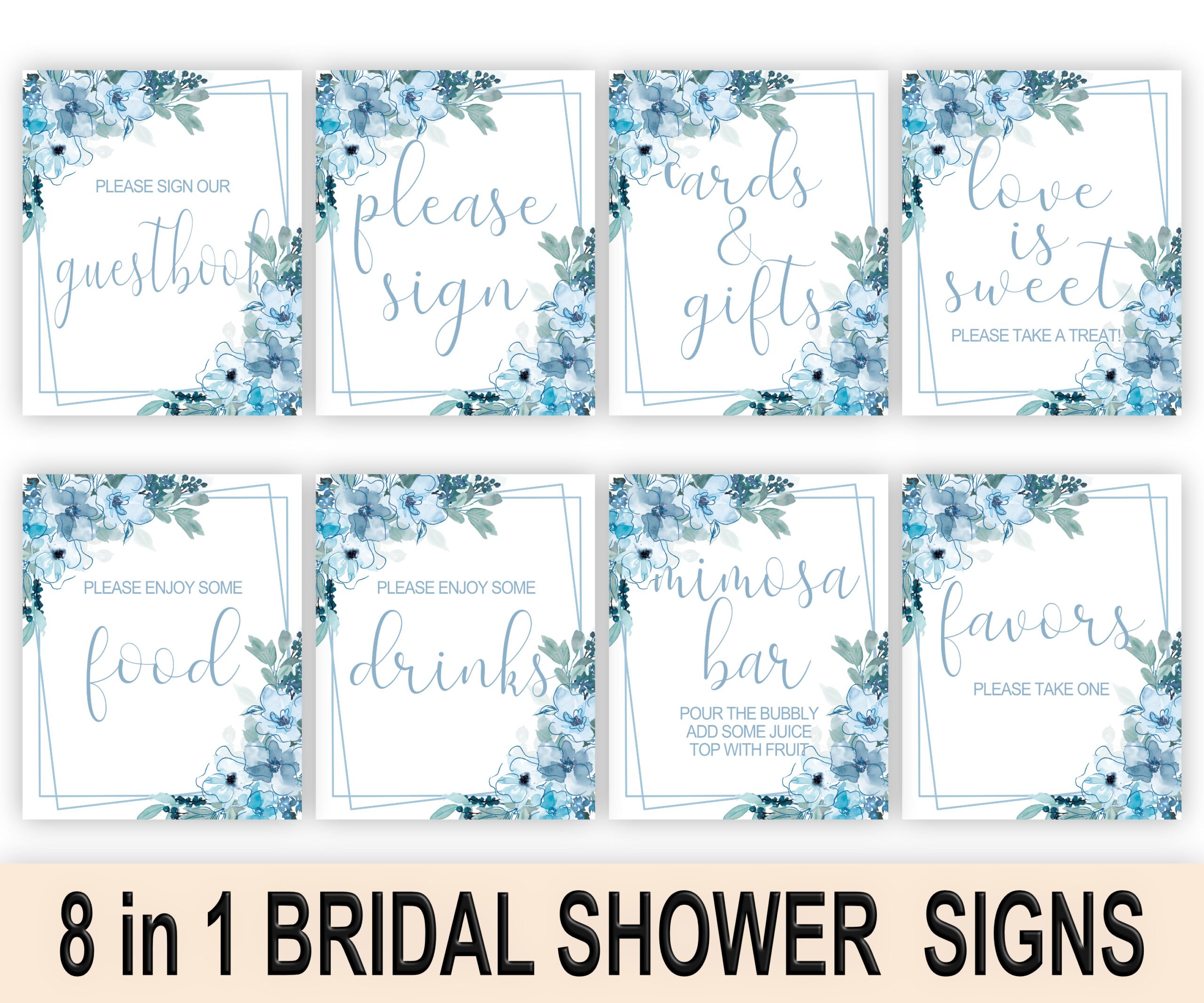 DECOR | SIGNS Blue Floral Bridal Shower Signs 8-1 bundle Blue Bridal Shower Signs