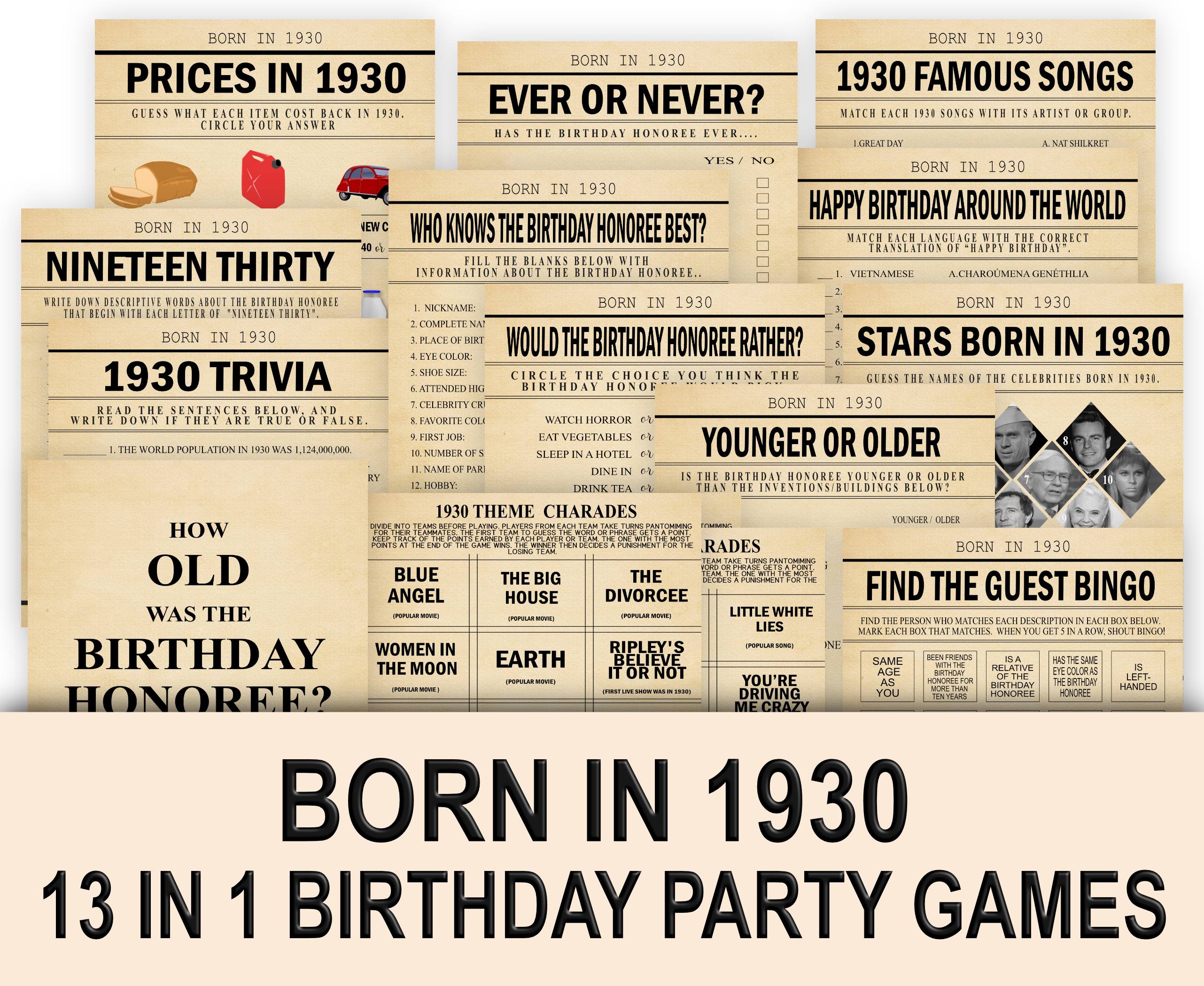 Birthday Games Born in 1930 Party Game Bundle 1930