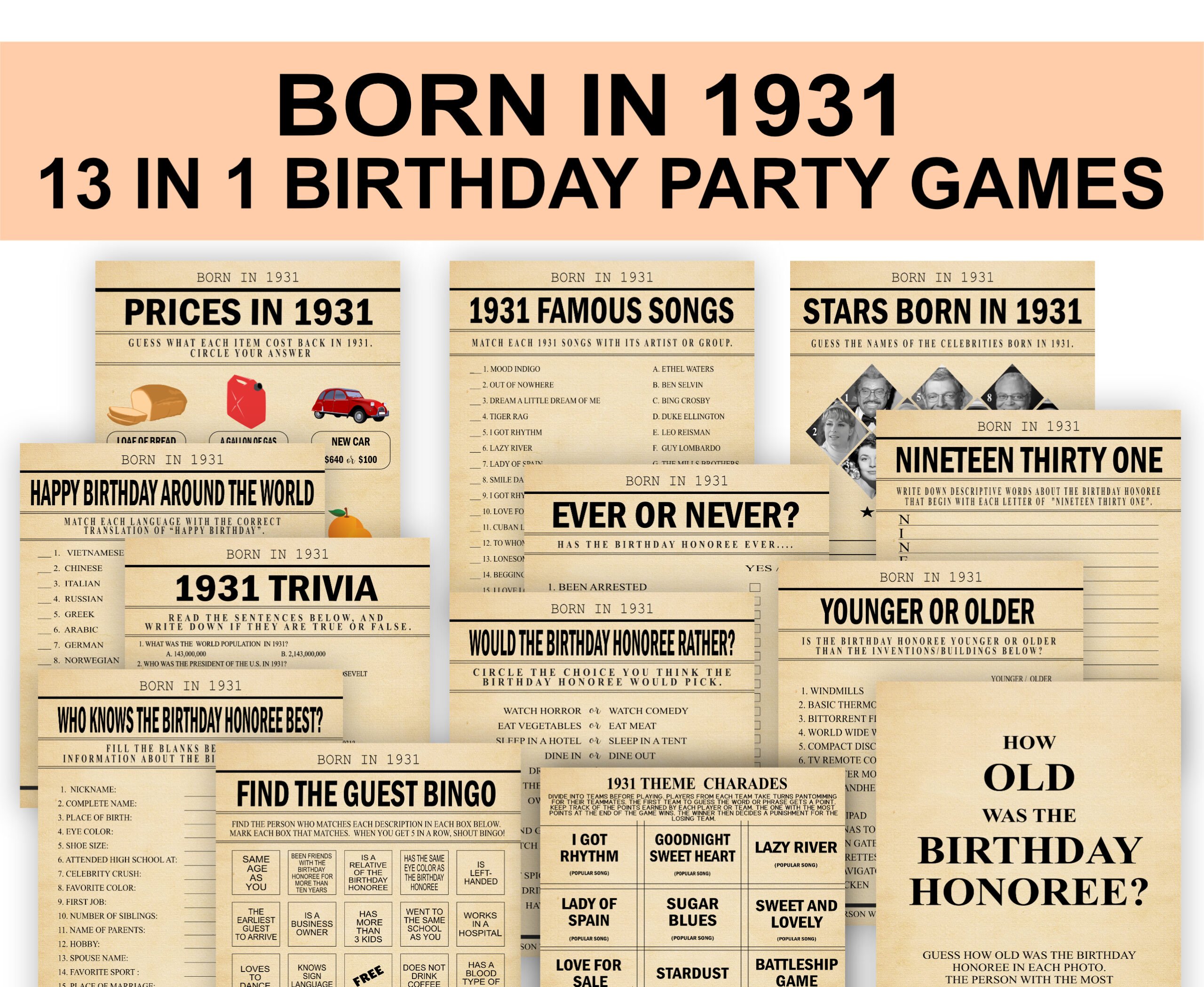 Birthday Games BORN IN 1931 Party Games Bundle 1931 Theme Birthday