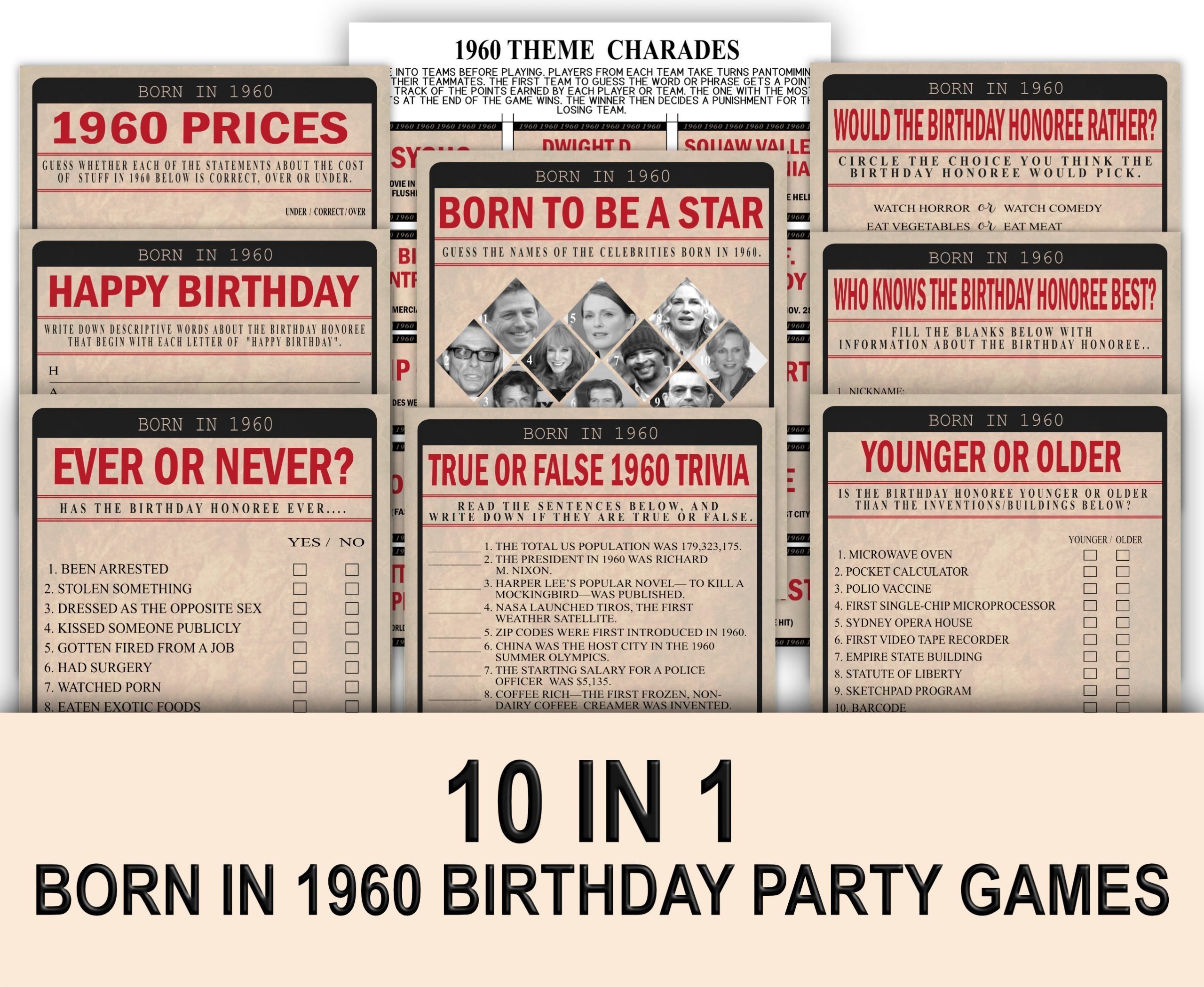 Birthday Games Born In 1960 Birthday Party Game Bundle Pack 1960 Birthday