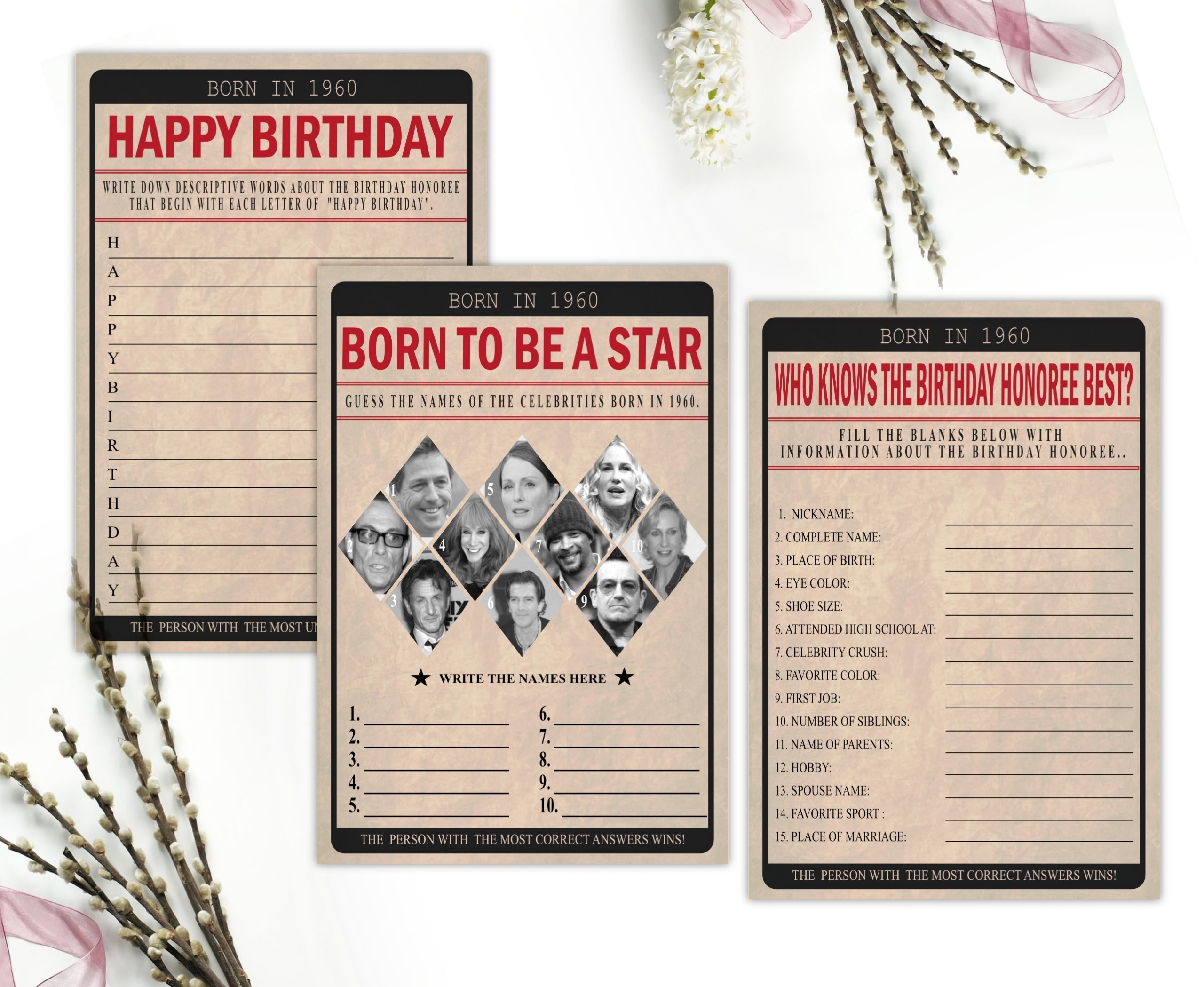 Birthday Games Born In 1960 Birthday Party Game Bundle Pack 1960 Birthday