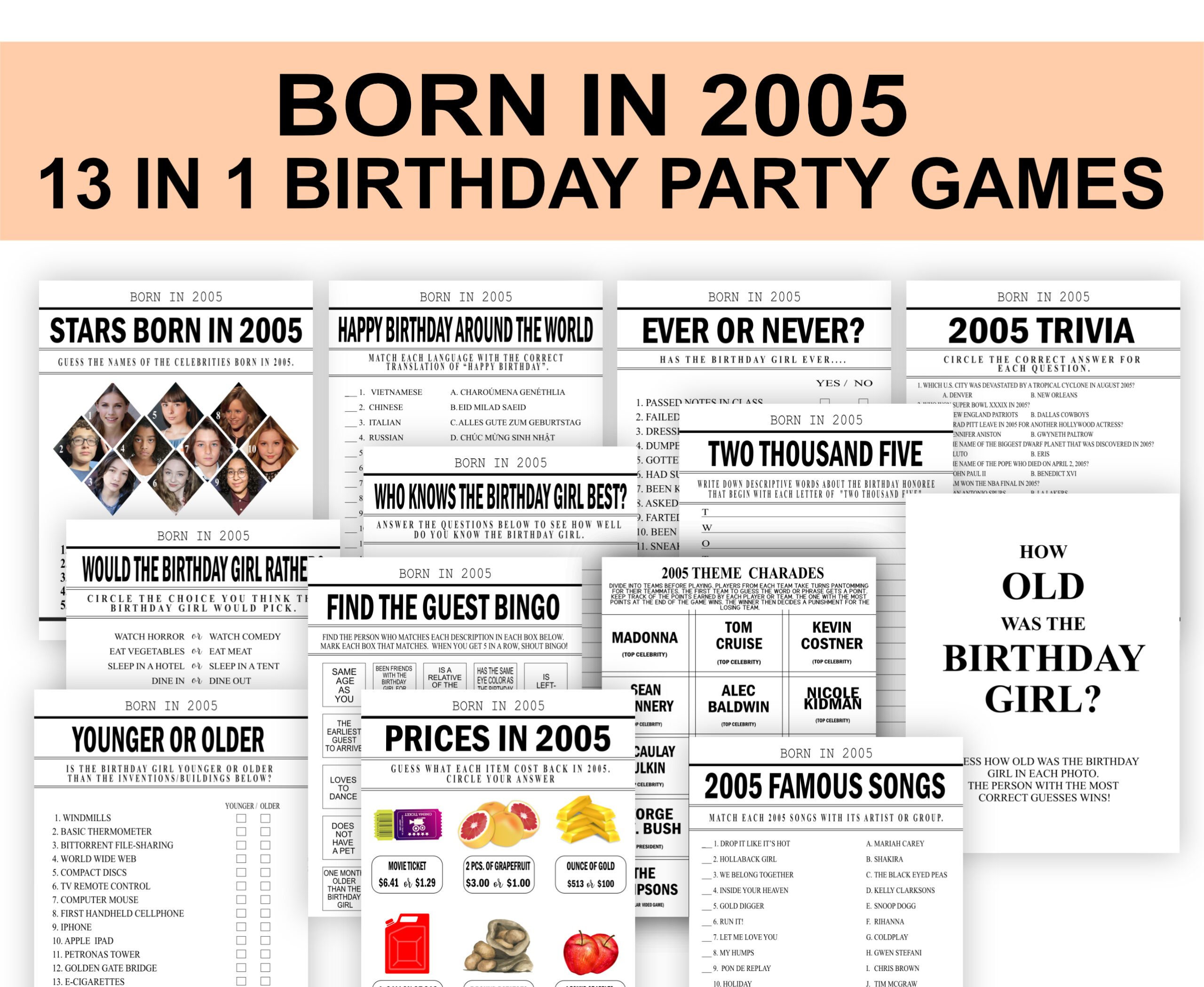 Birthday Games BORN IN 2005 Party Games Bundle for women 16th Birthday Party Games