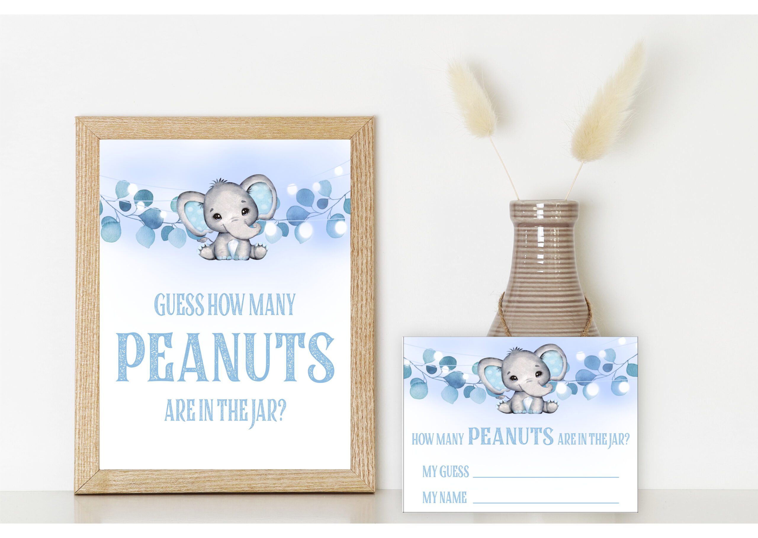 Baby Shower Games GUESS HOW MANY PEANUTS ARE IN THE JAR GAME, BLUE BABY BOY ELEPHANT THEME Baby Shower Game