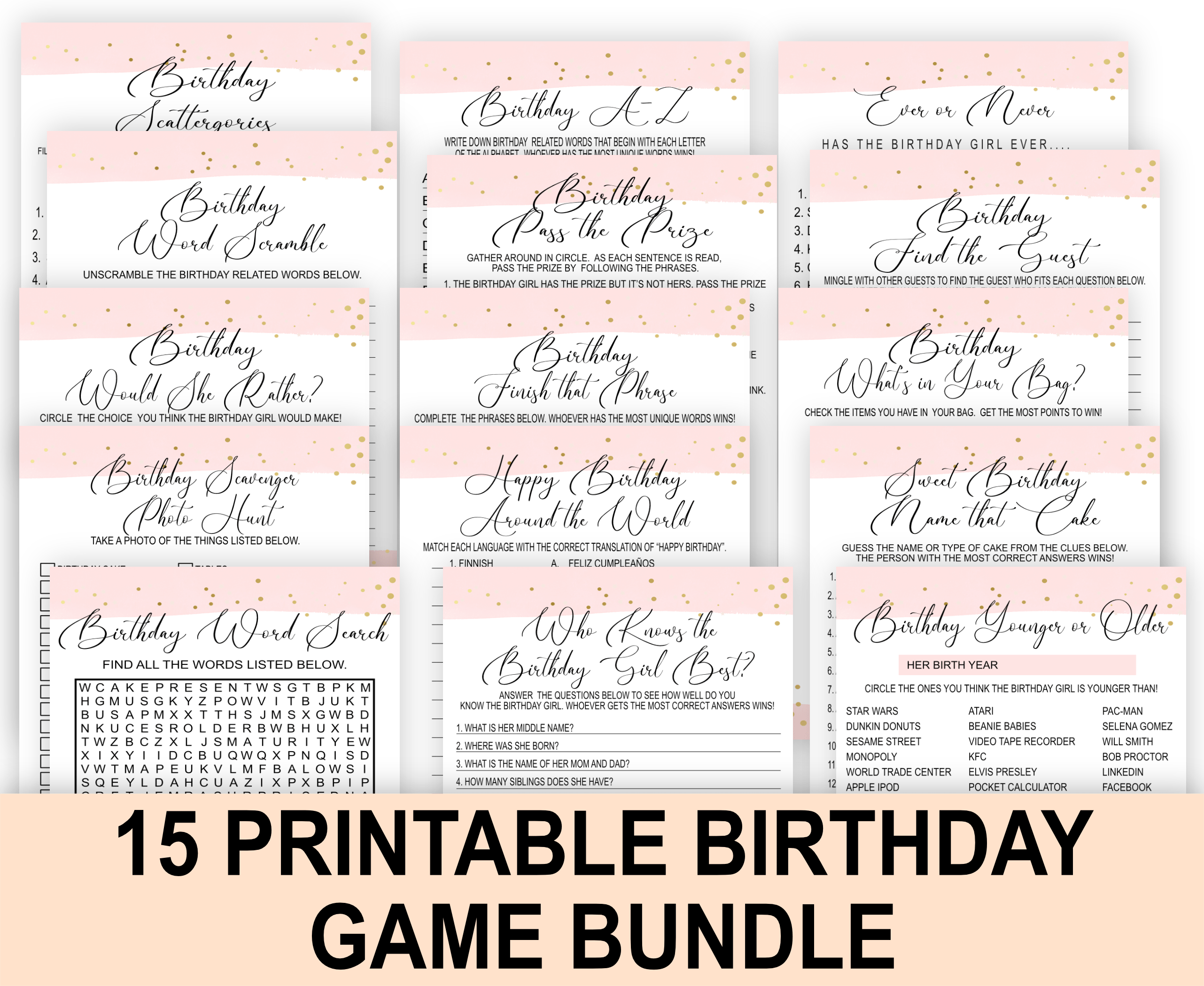 Birthday Games PRINTABLE BIRTHDAY PARTY GAMES for girls- PINK Adult Birthday