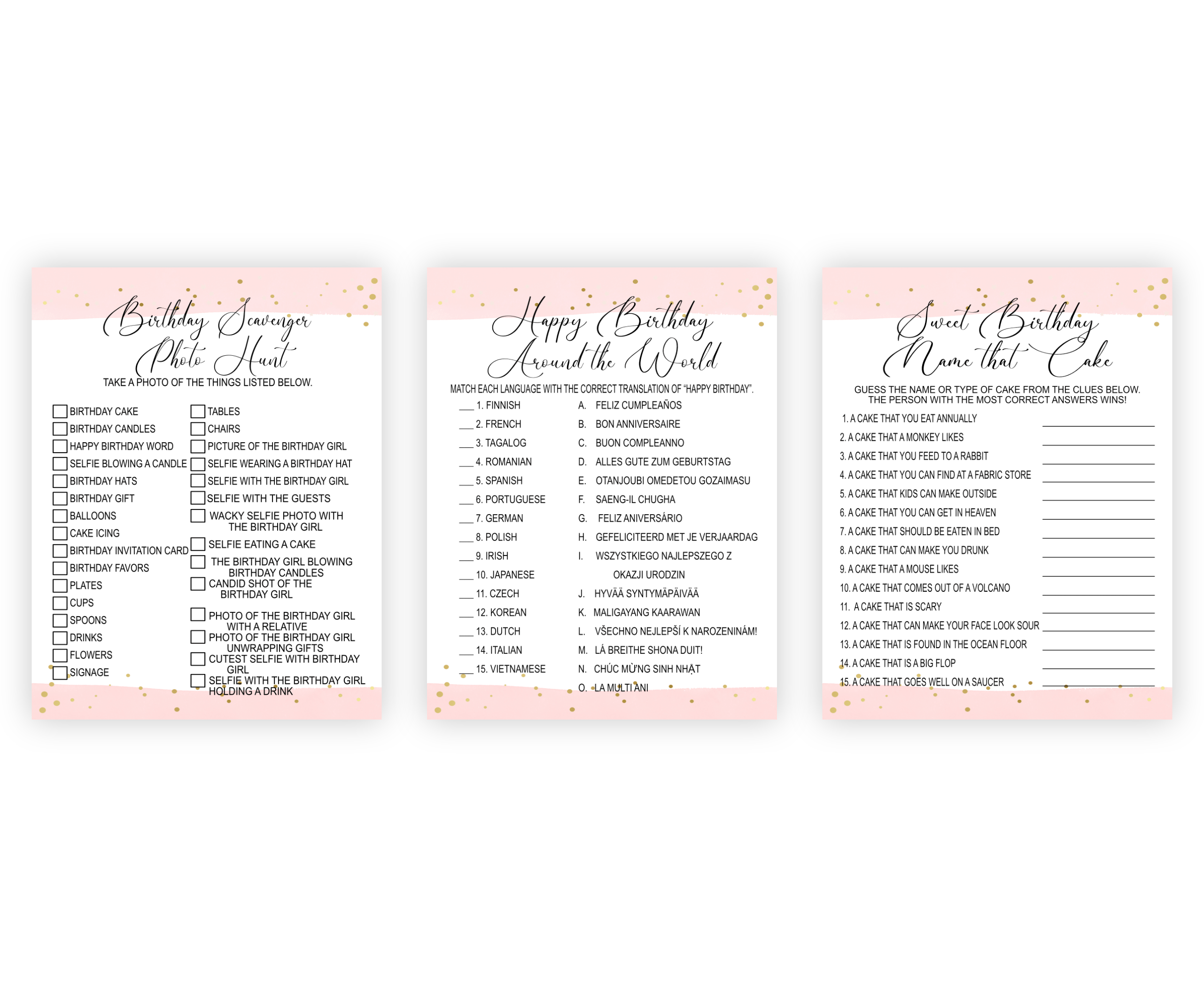 Birthday Games PRINTABLE BIRTHDAY PARTY GAMES for girls- PINK Adult Birthday