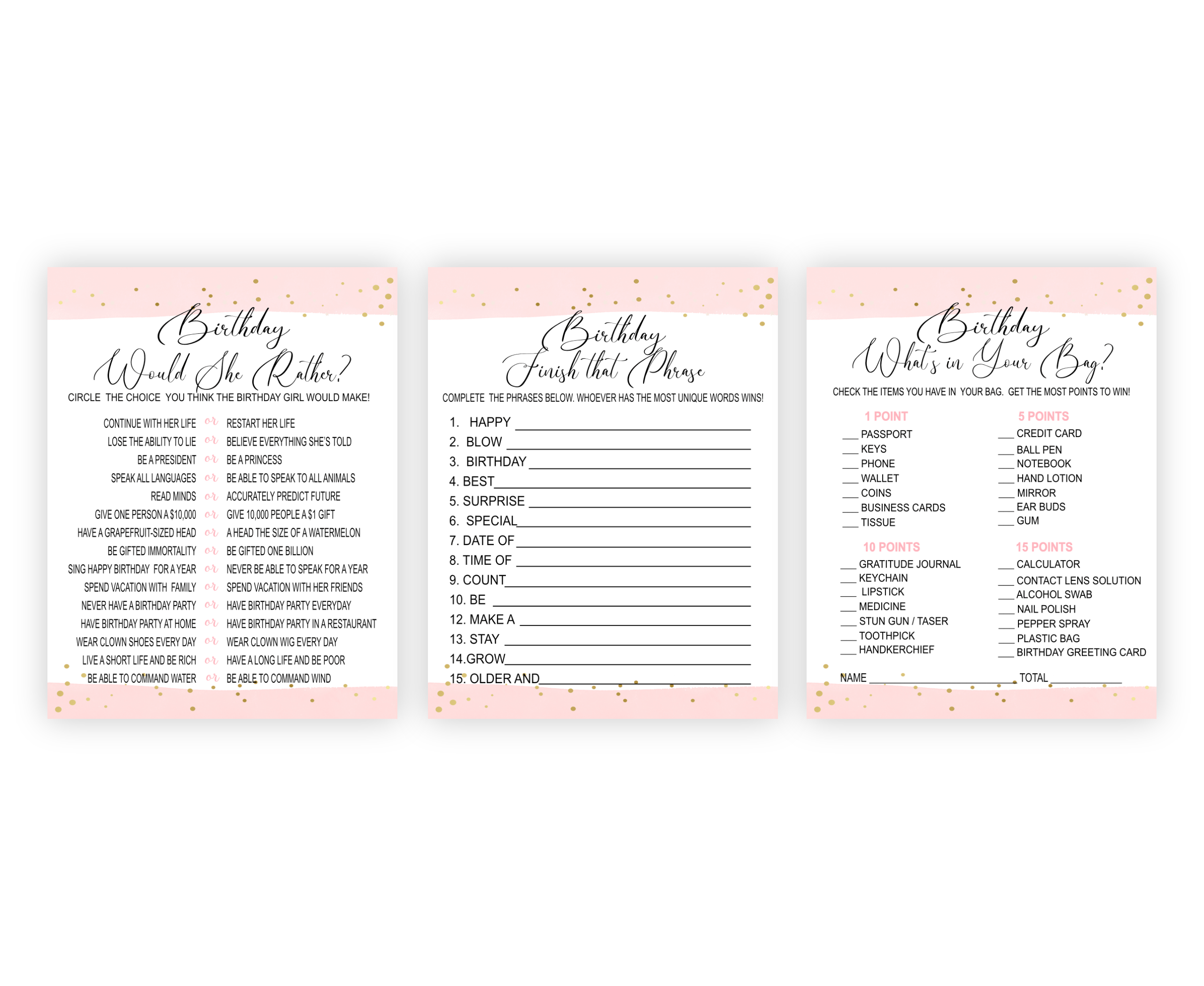 Birthday Games PRINTABLE BIRTHDAY PARTY GAMES for girls- PINK Adult Birthday