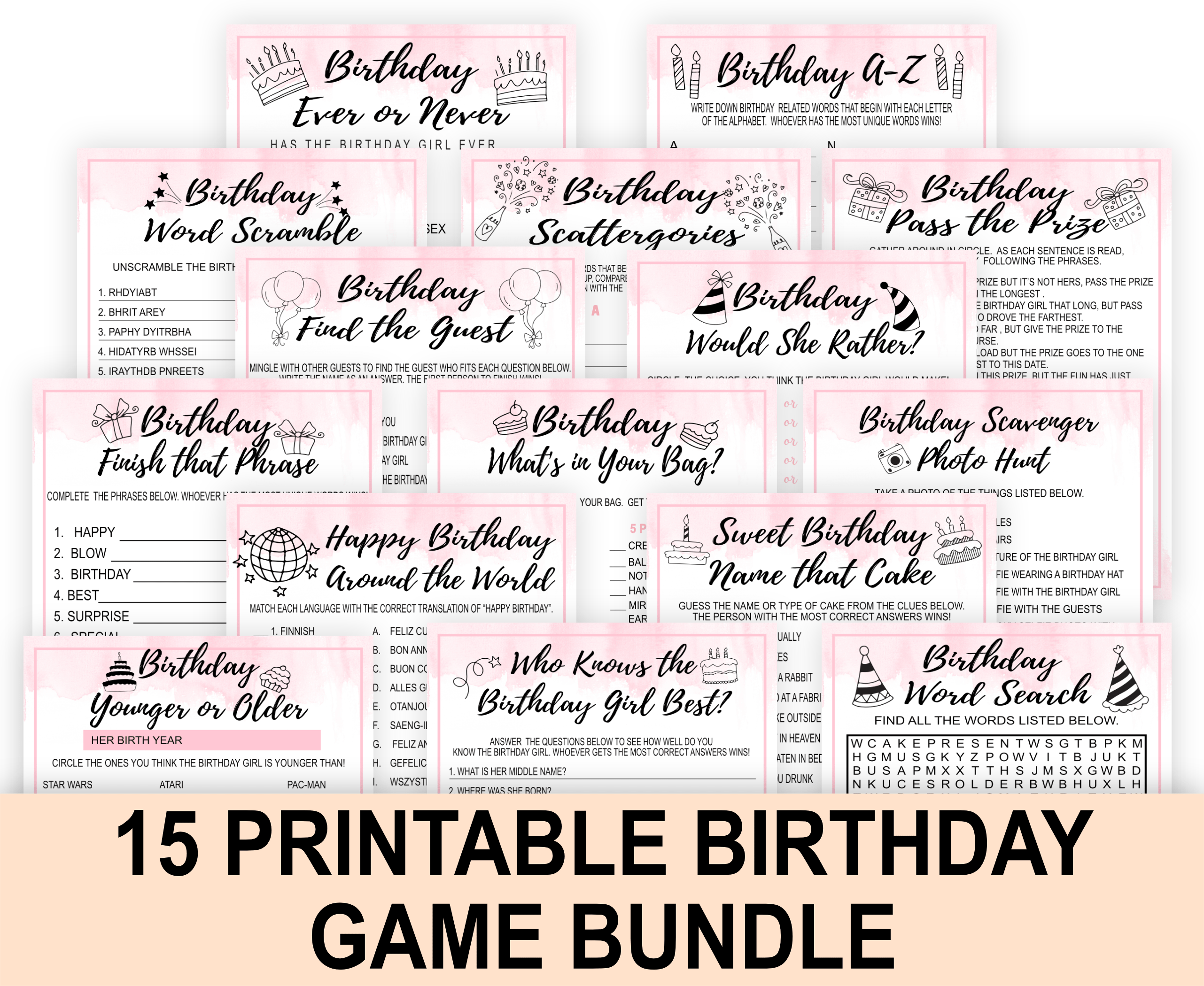 Birthday Games PRINTABLE BIRTHDAY GAME BUNDLE FOR WOMEN PINK 1111