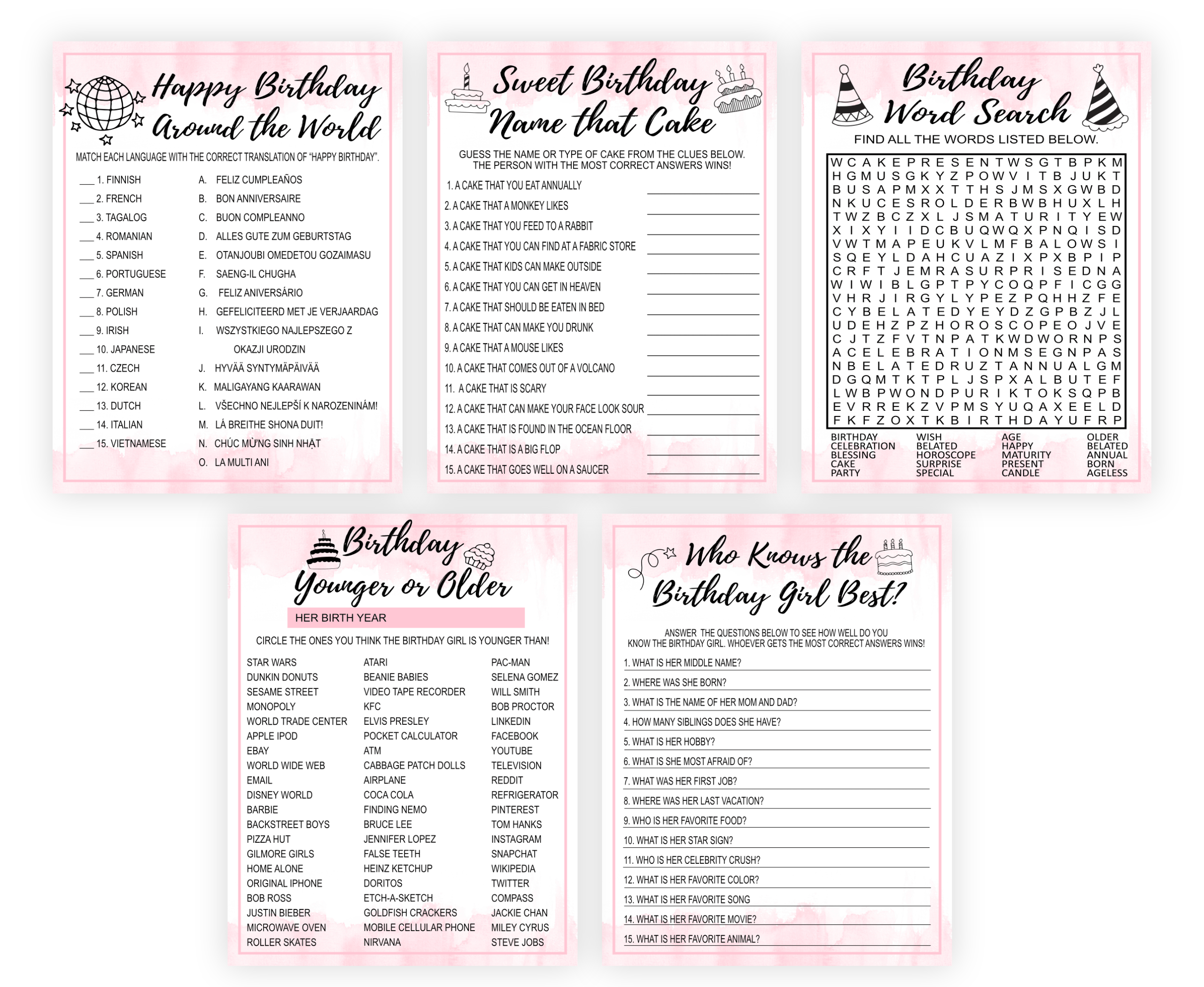 Birthday Games PRINTABLE BIRTHDAY GAME BUNDLE FOR WOMEN PINK 1111