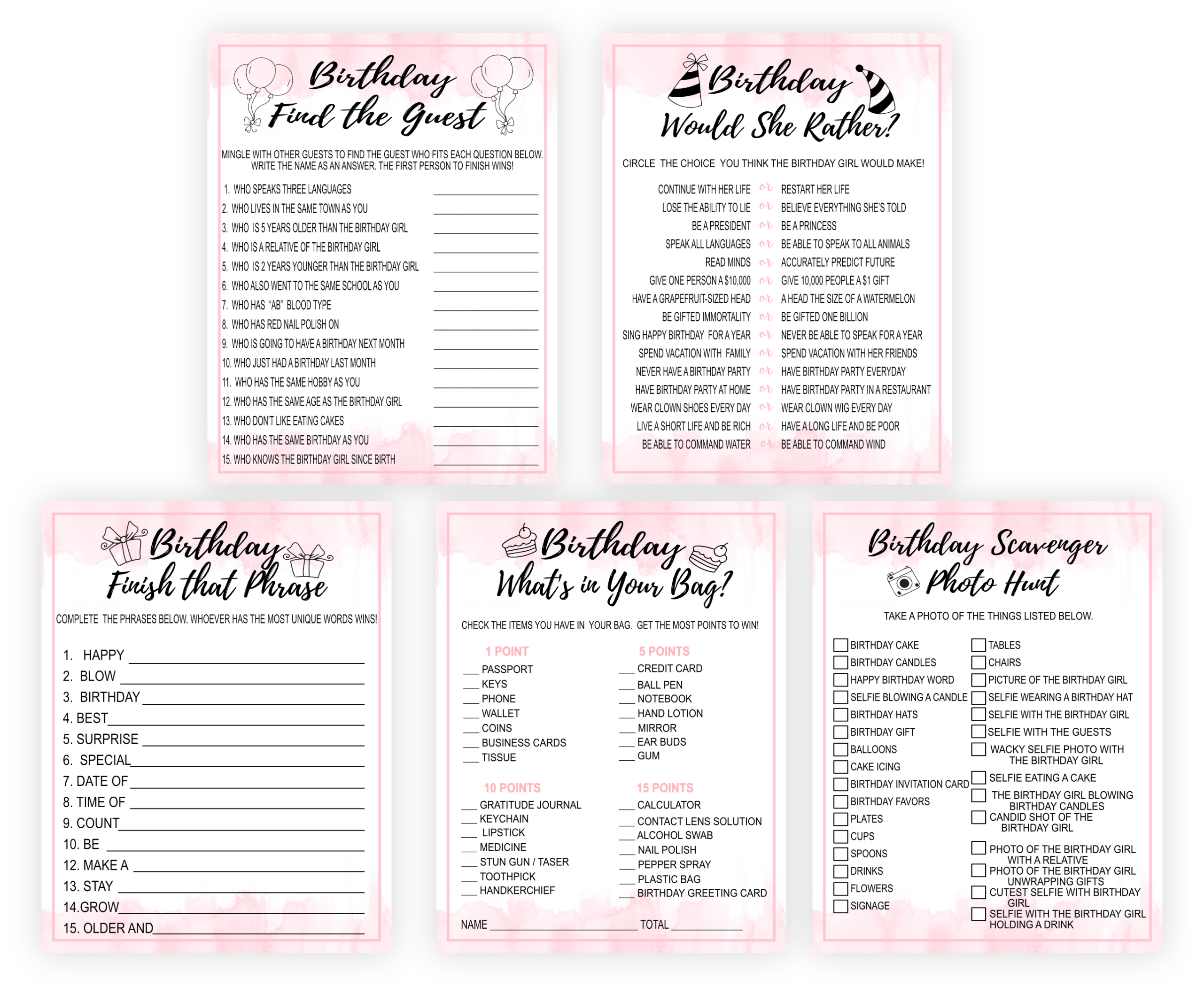 Birthday Games PRINTABLE BIRTHDAY GAME BUNDLE FOR WOMEN PINK 1111