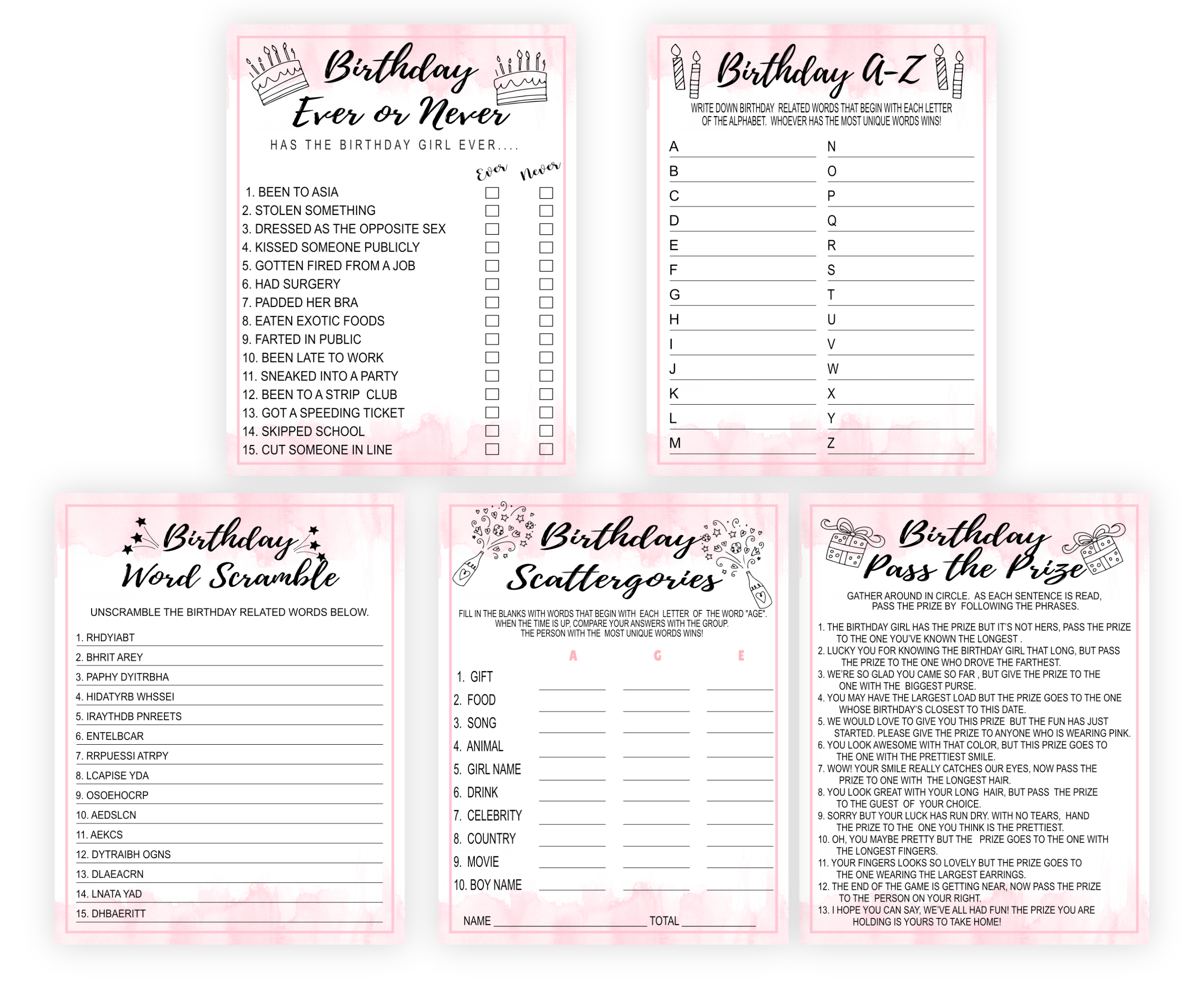 Birthday Games PRINTABLE BIRTHDAY GAME BUNDLE FOR WOMEN PINK 1111