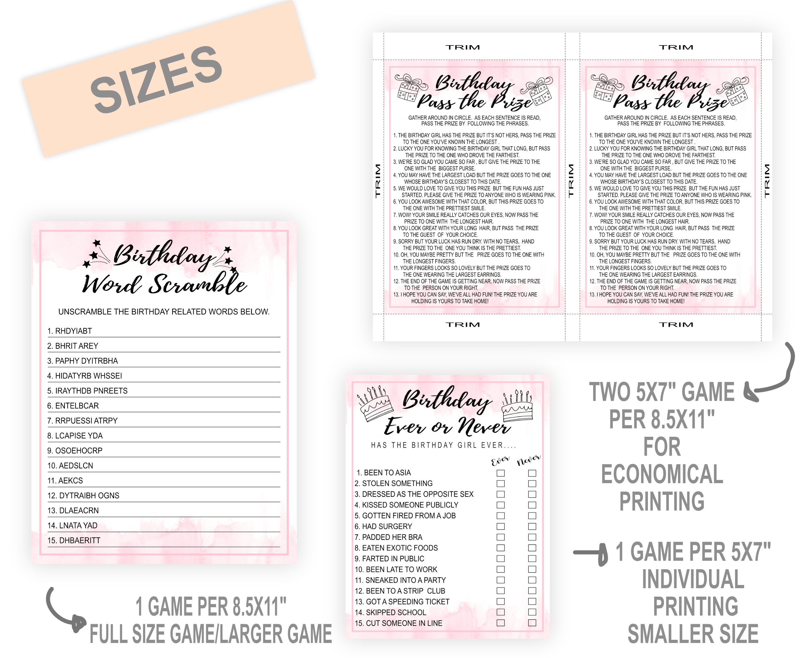 Birthday Games PRINTABLE BIRTHDAY GAME BUNDLE FOR WOMEN PINK 1111