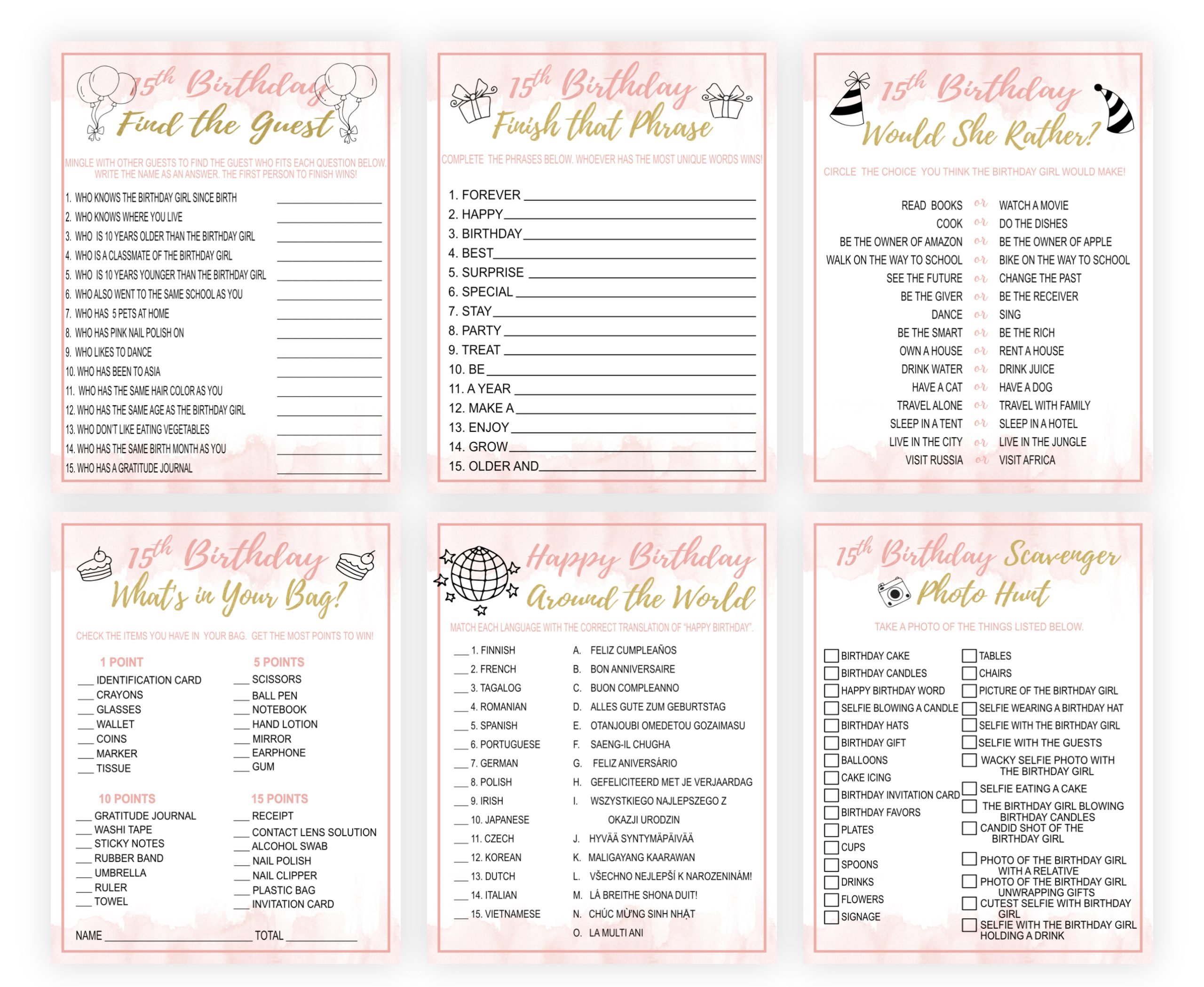 Birthday Games 15th Birthday Party Games for Girls, Rose Gold Blush Pink Quinceañera, PRINTABLE Bundle 15th Birthday Party Games for Girls