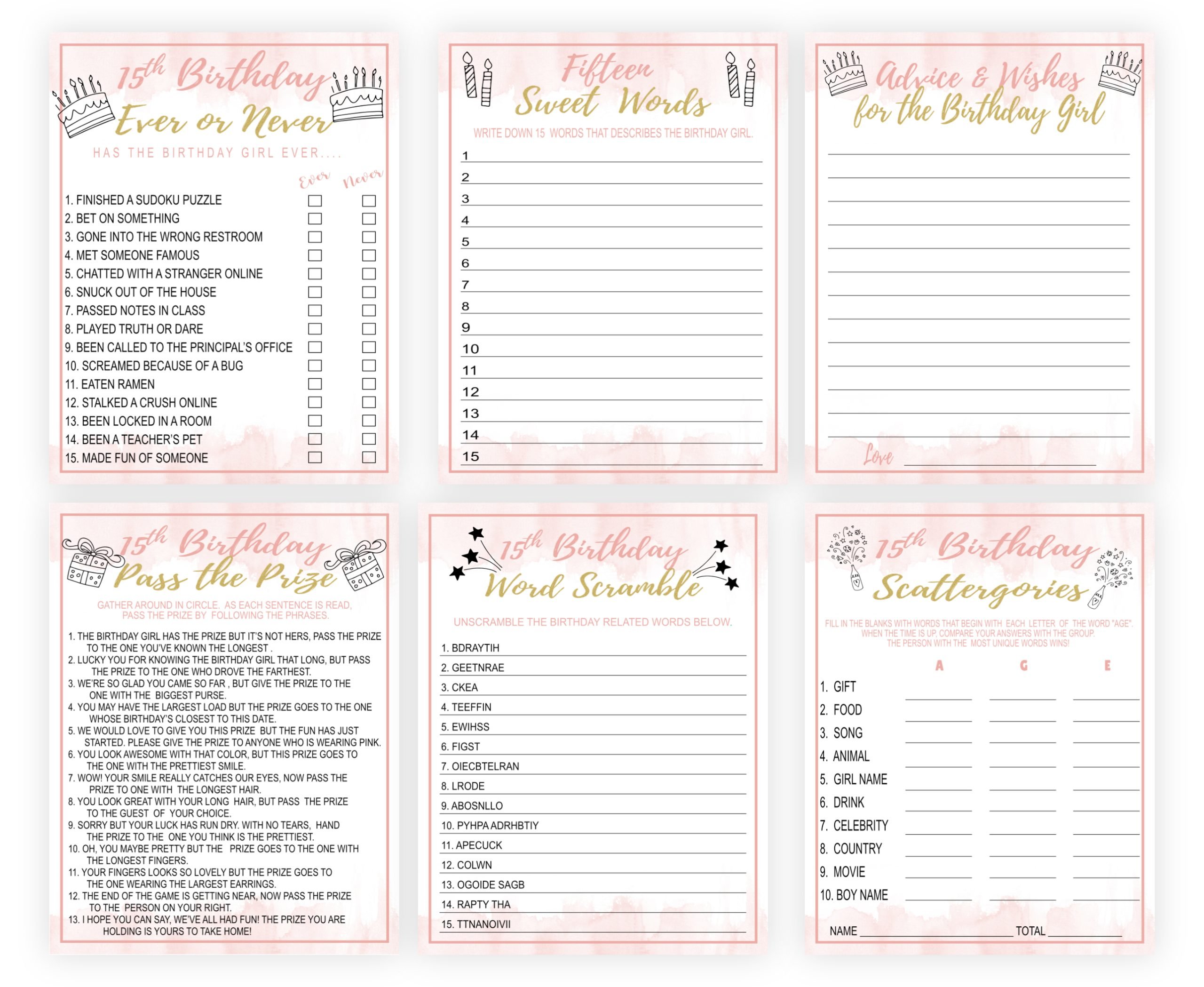 Birthday Games 15th Birthday Party Games for Girls, Rose Gold Blush Pink Quinceañera, PRINTABLE Bundle 15th Birthday Party Games for Girls