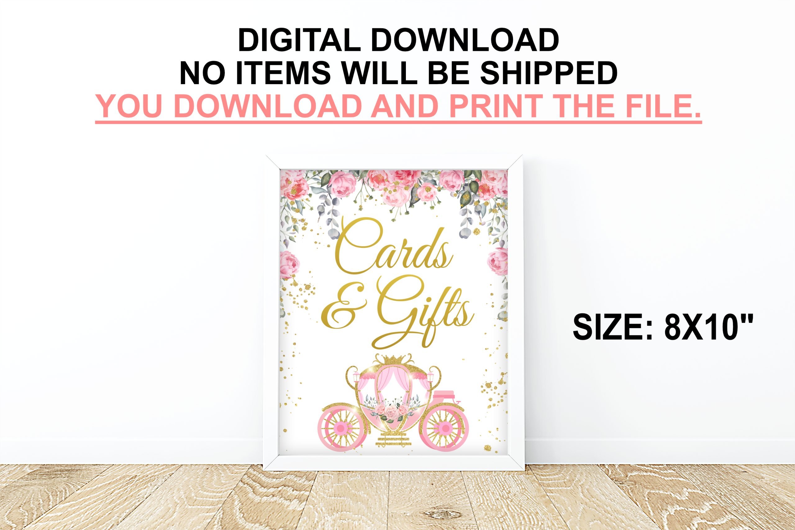 DECOR | SIGNS Pink Gold Princess Cards and Gifts Sign, Birthday Party Baby Shower Princess  Table Decor Sign Printable 8x10 Size.