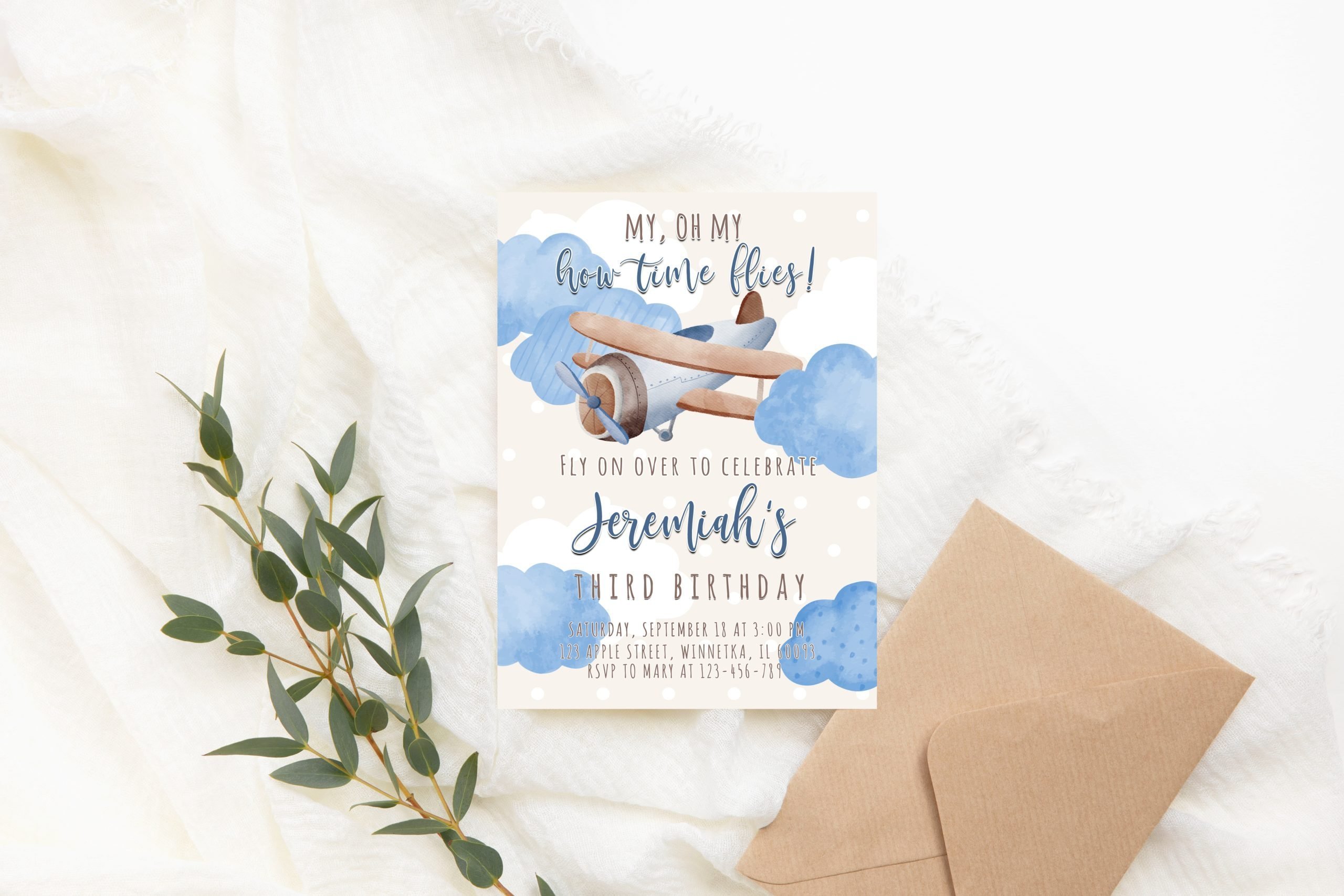 Birthday Invitations Editable Airplane Time Flies Birthday Invitation | Blue Airplane Boy Invitation Template | Clouds Airplane Kids | PRINTABLE Corjl 5x7 Invitation Size