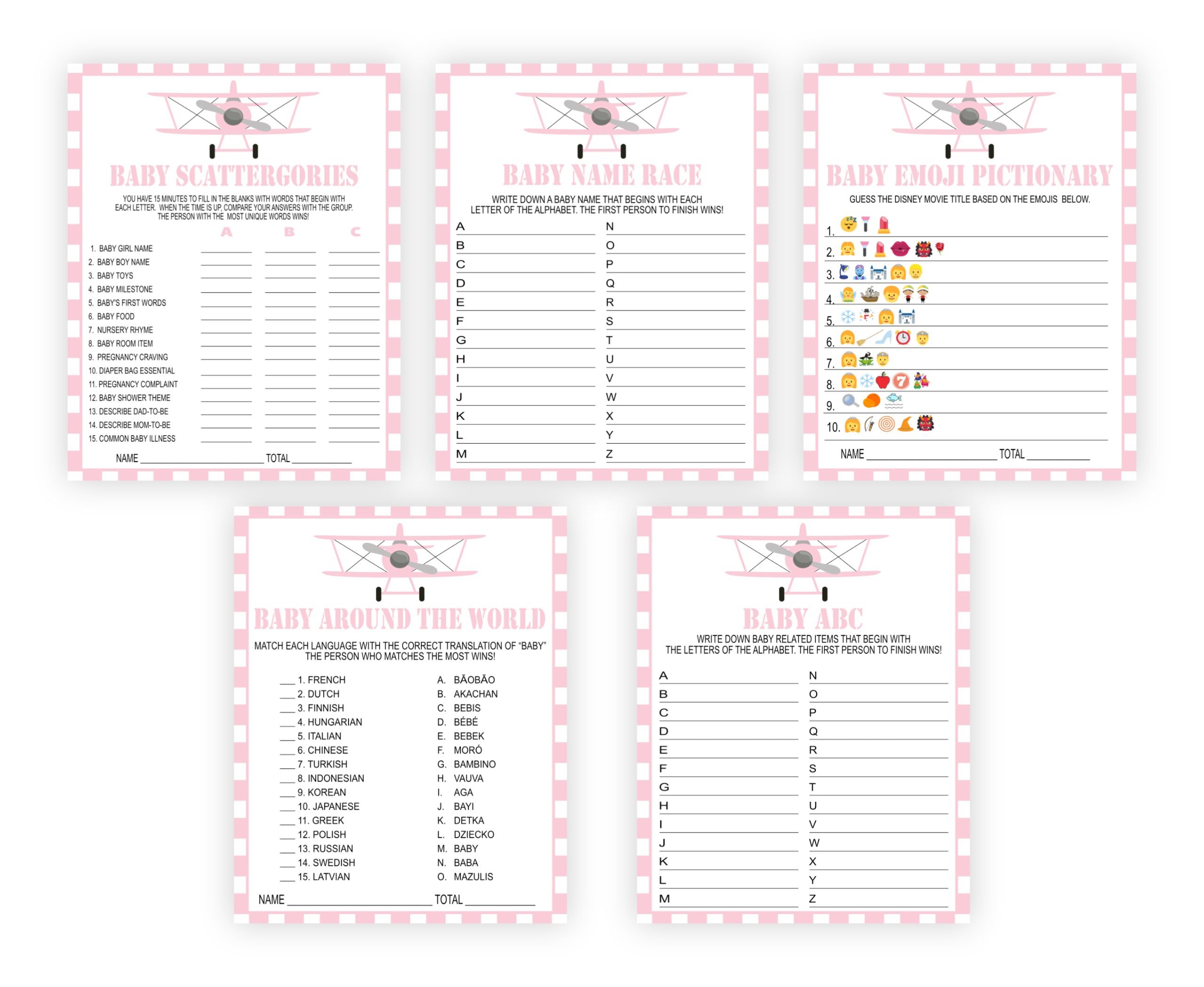 Baby Shower Games Airplane Baby Shower Game Bundle | Pink Baby Girl Airplane Shower Game | Adventure & Travel Theme | Printable Adventure Baby Shower Game