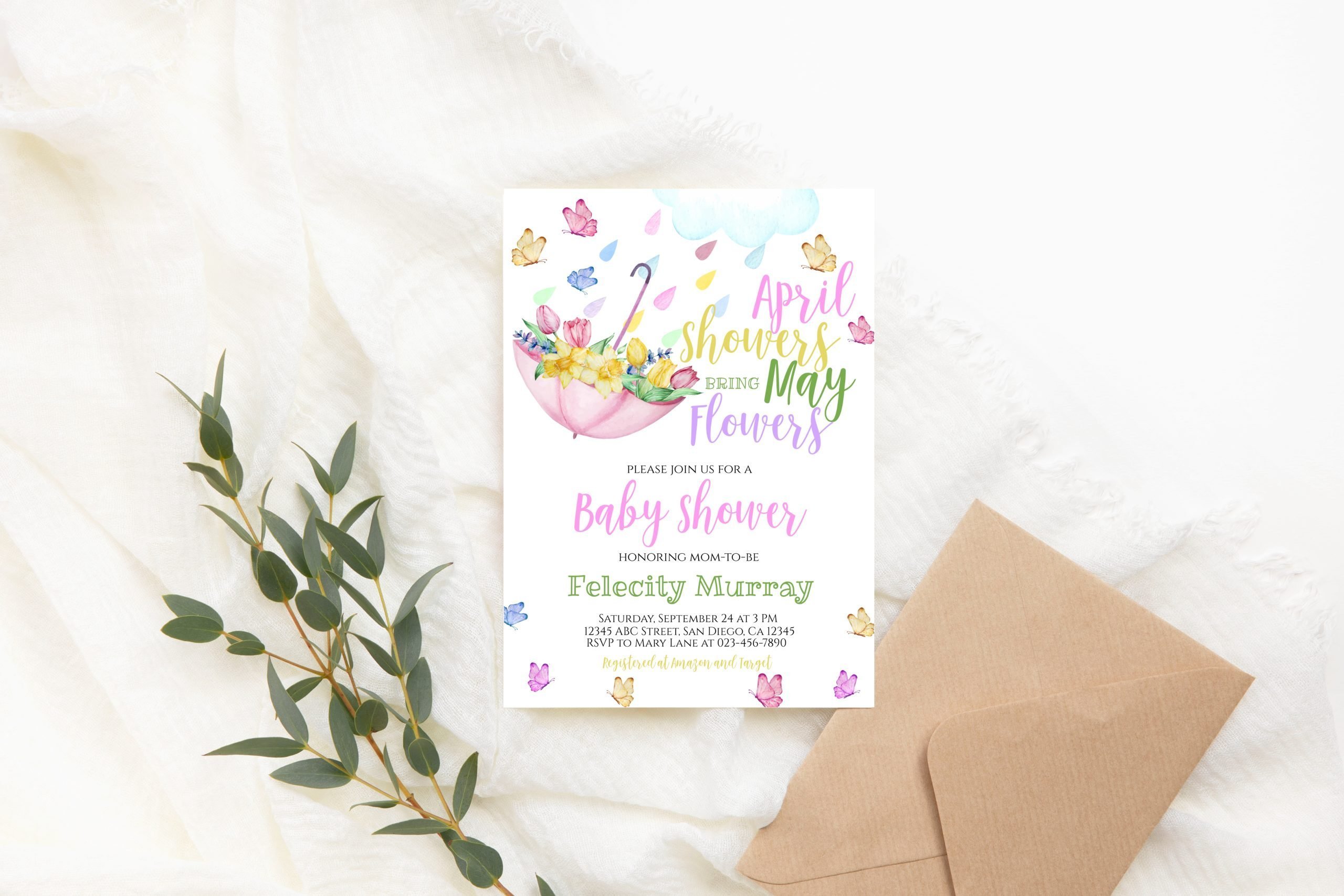 Baby Shower Invitation / Set Editable April Showers May Flowers Invitation – Pink Umbrella 5x7 Invitation Size