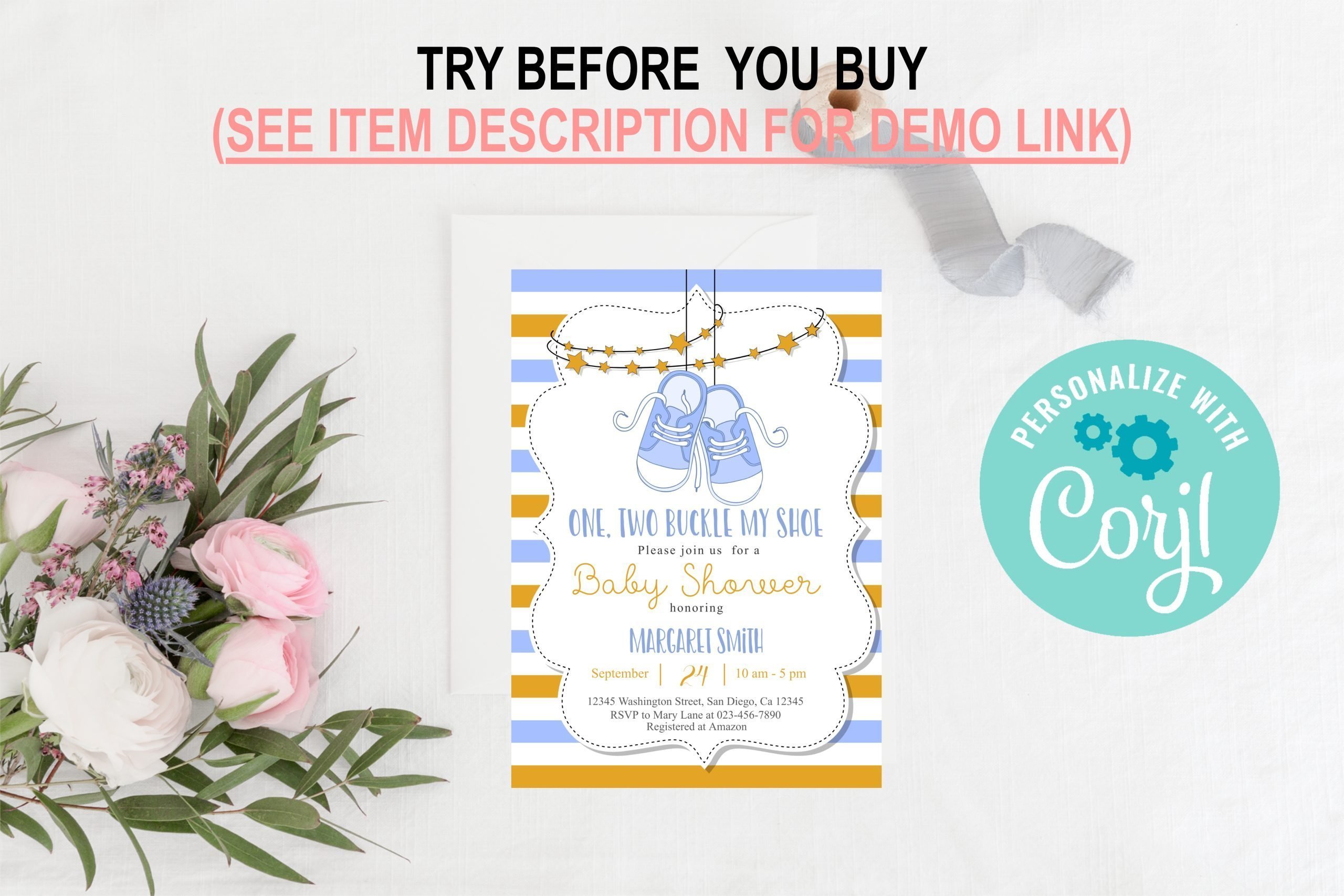 Baby Shower Invitation / Set Editable Blue Shoes Baby Shower Invitation, Printable Corjl Template Baby Boy Shoes Baby Shower Invitation