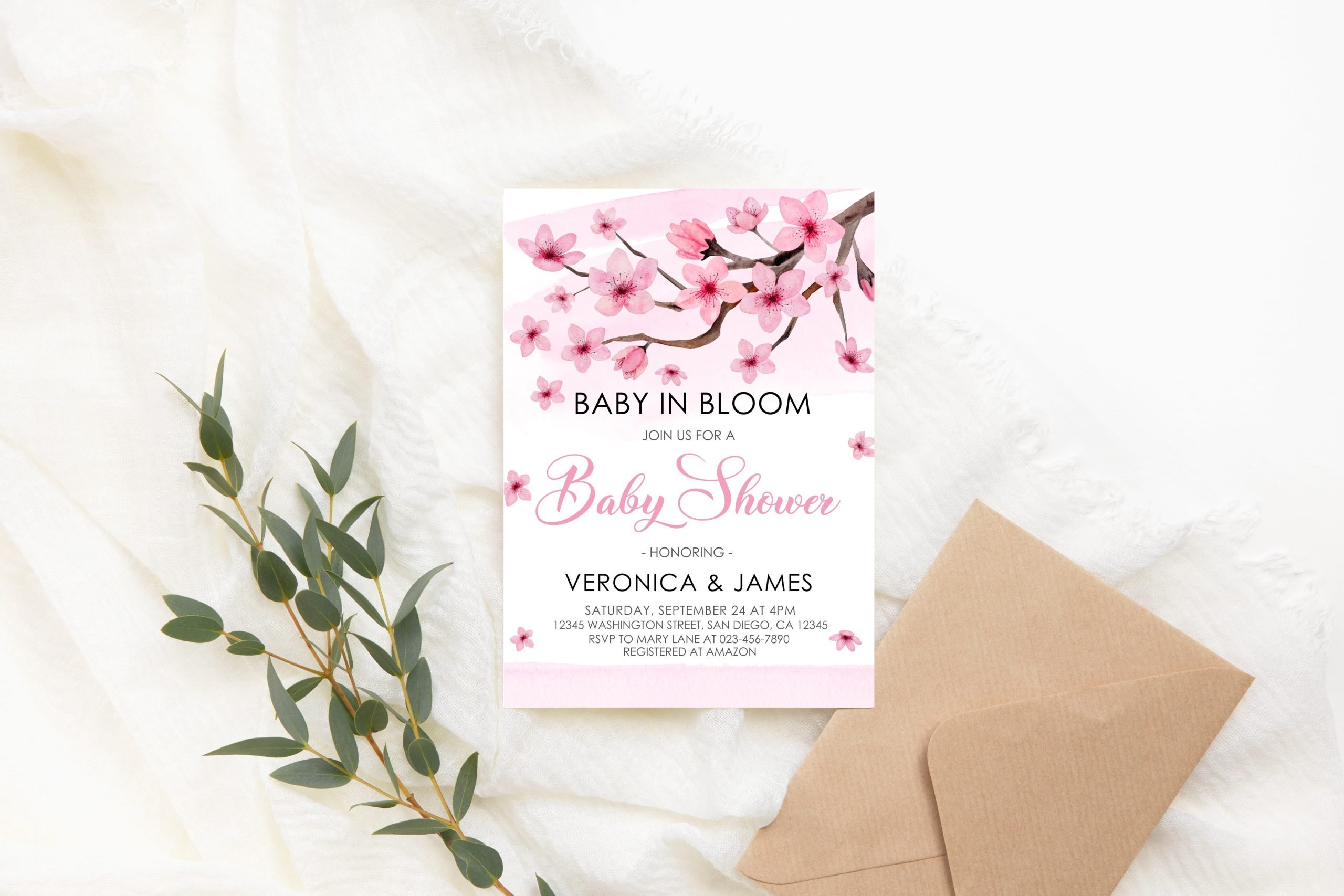 Baby Shower Invitation / Set Editable Cherry Blossom Baby Shower Invitation Set – Pink Floral Diaper Raffle, Thank You Card, Books for Baby – Corjl Template Baby Shower Printables.