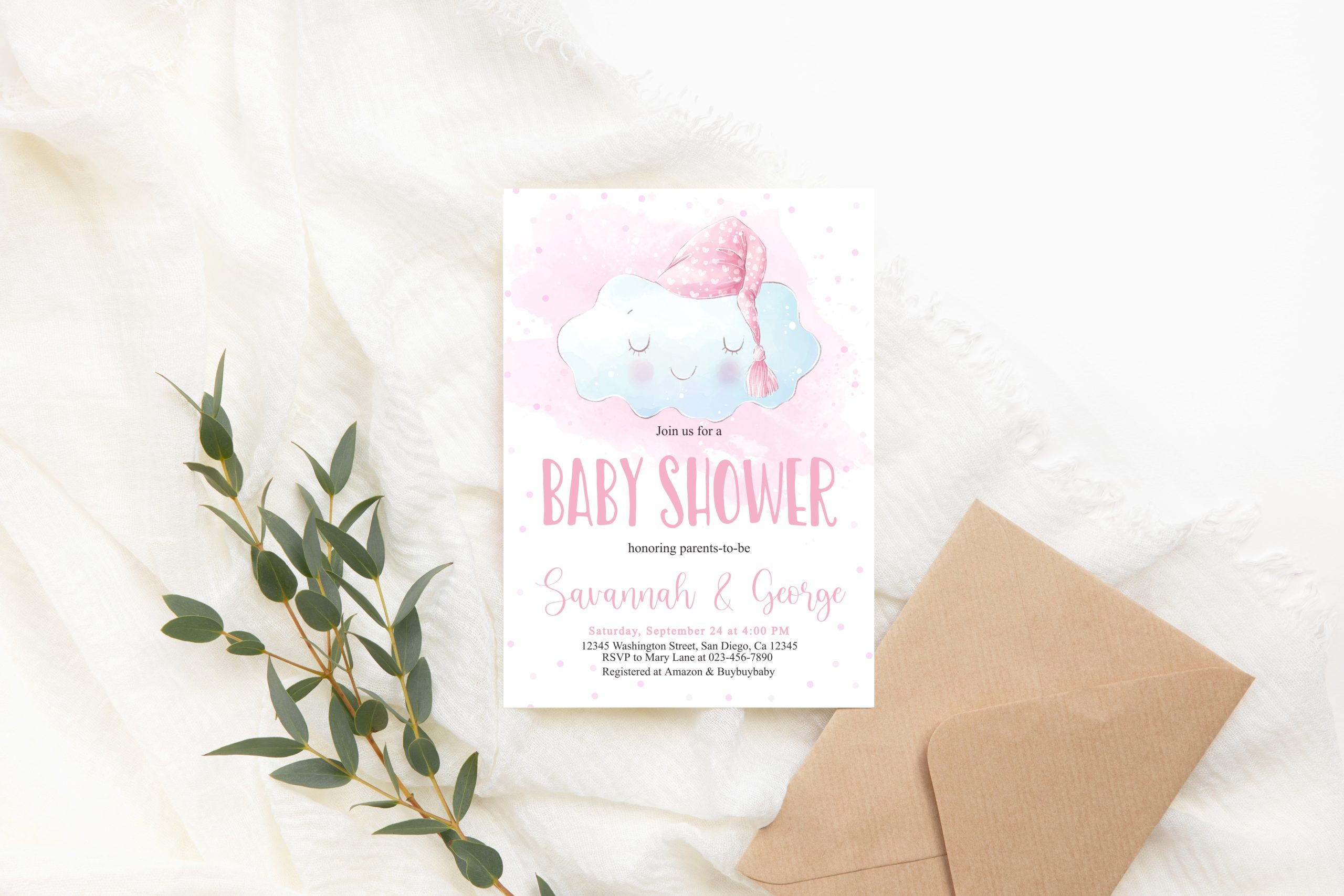 Baby Shower Invitation / Set Editable Pink Cloud Baby Shower Invitation – Pink Hat Girl Invite Baby_Shower