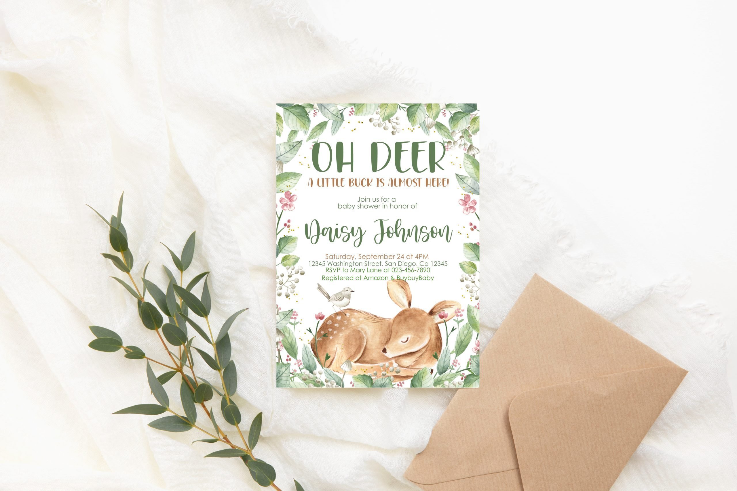 Baby Shower Invitation / Set Editable Deer Baby Shower Invitation, Greenery Bird Design, Brown Forest Buck baby shower party