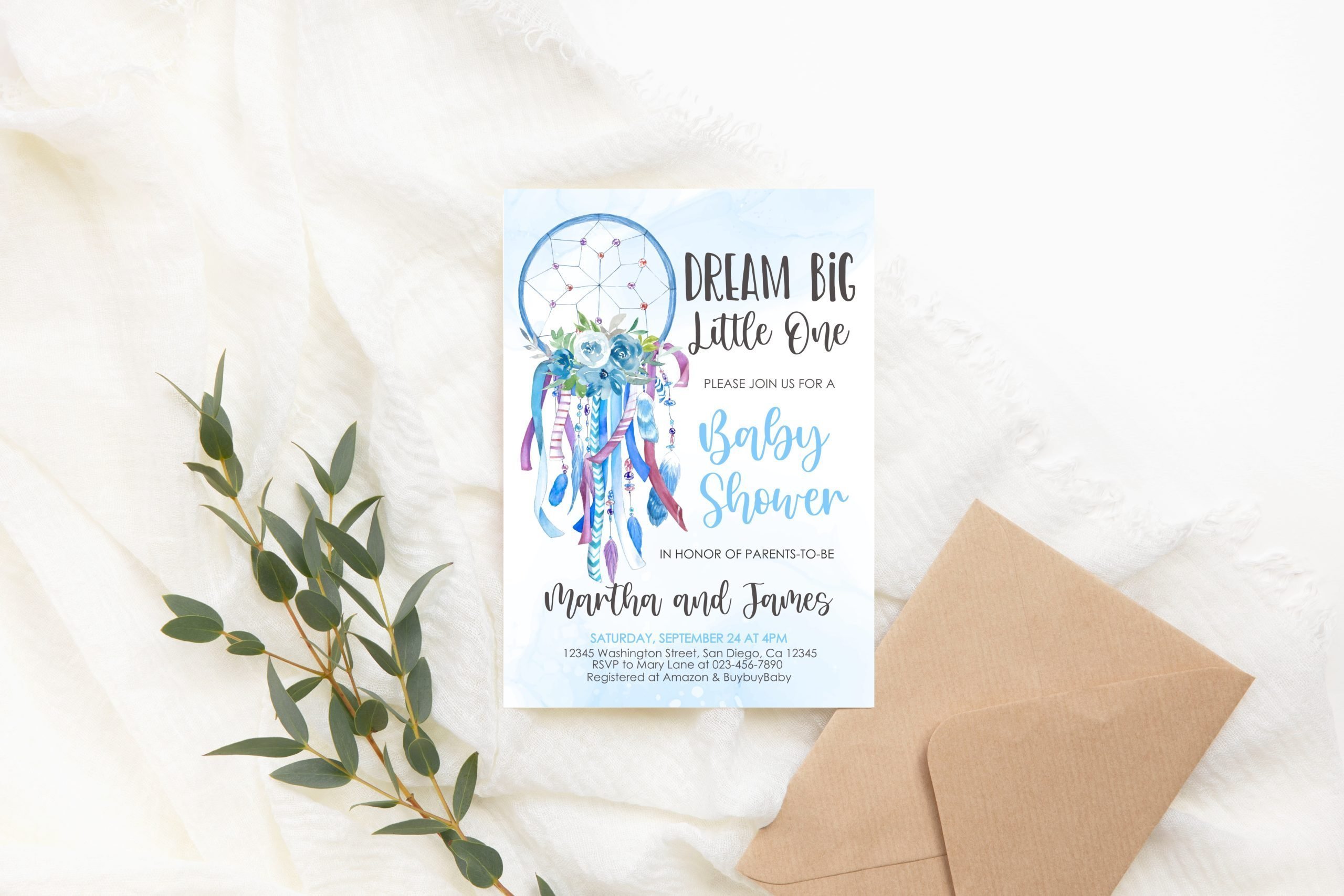 Baby Shower Invitation / Set Editable Blue Dream Catcher Baby Shower Invitation Baby Boy Invite