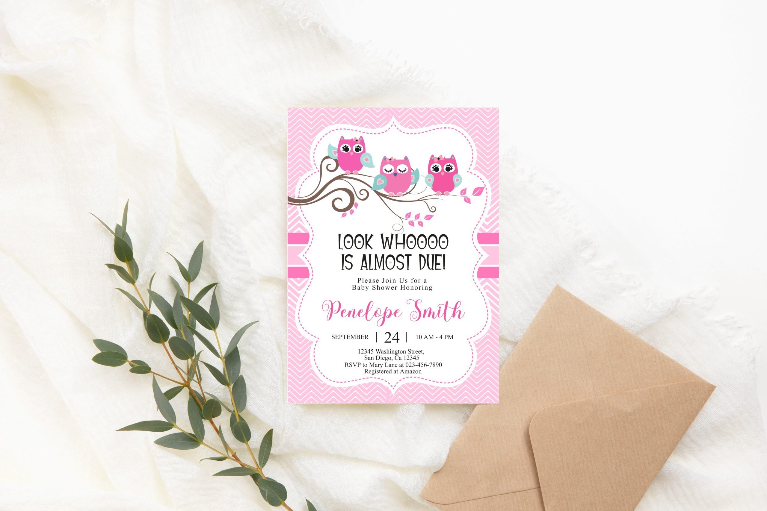 Baby Shower Invitation / Set Editable Pink Owl Invitation, Cute Owls Design, 5×7, Corjl Editable 5x7 Invitation