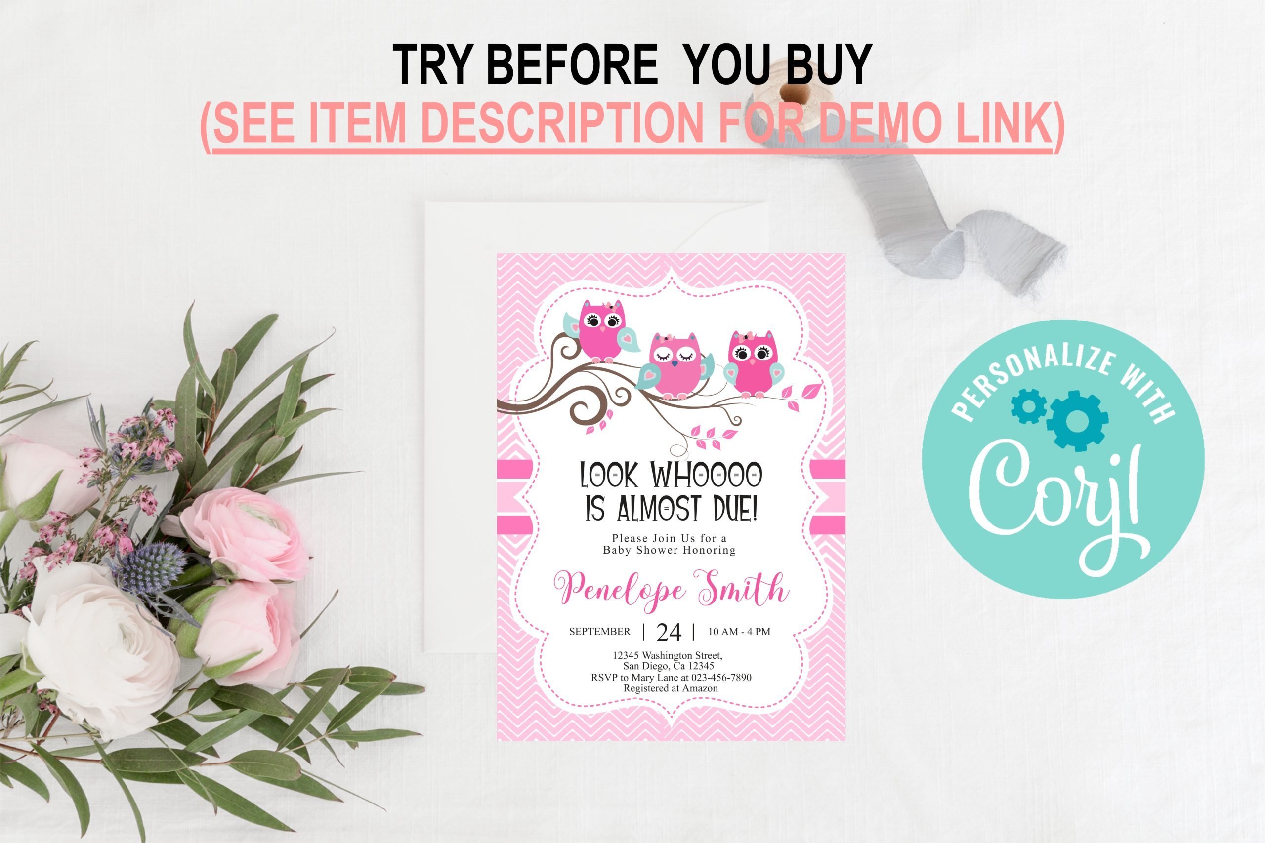 Baby Shower Invitation / Set Editable Pink Owl Invitation, Cute Owls Design, 5×7, Corjl Editable 5x7 Invitation