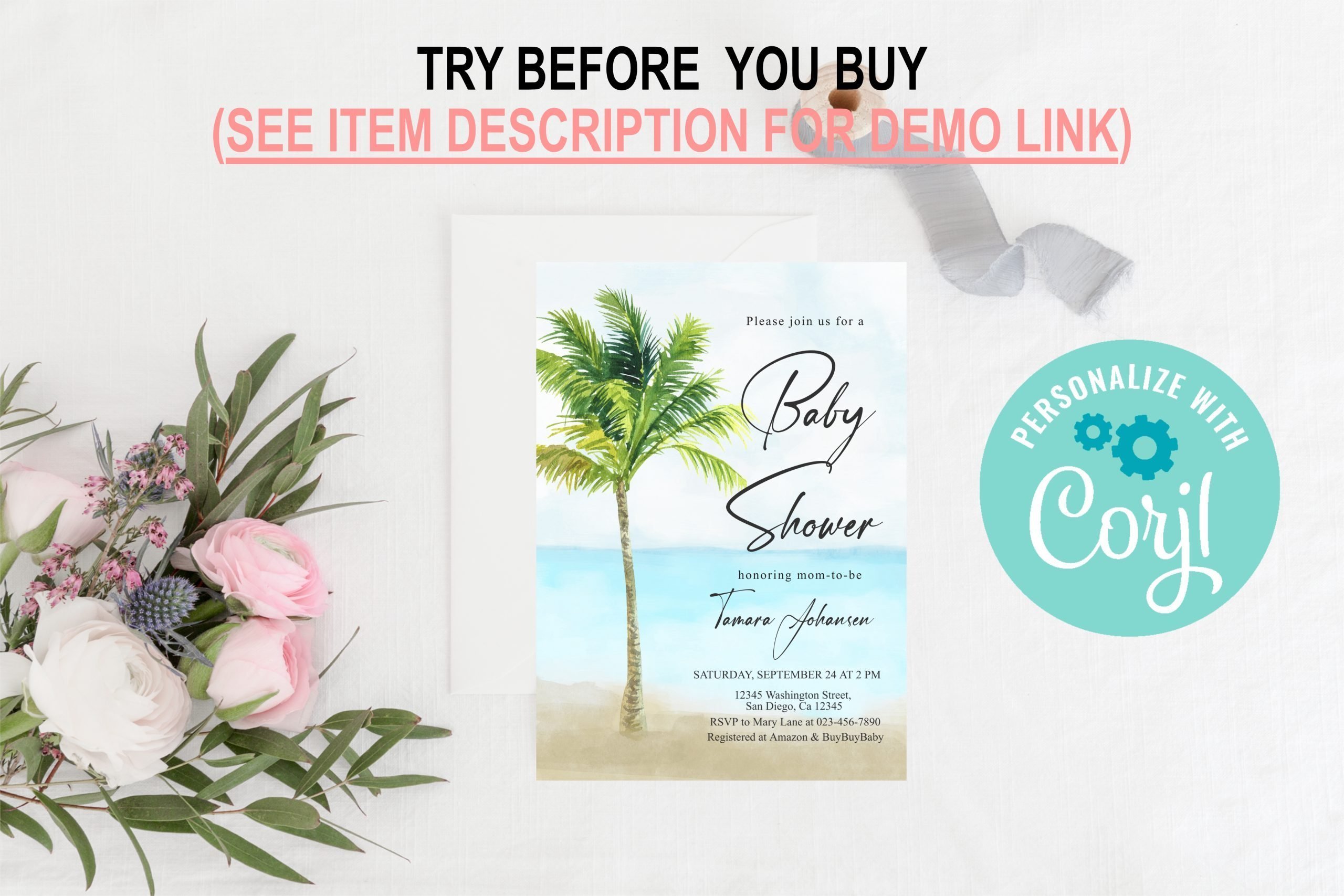 Baby Shower Invitation / Set Editable Palm Baby Shower Invitation – Tropical Beach Theme 5x7 Invitation Size