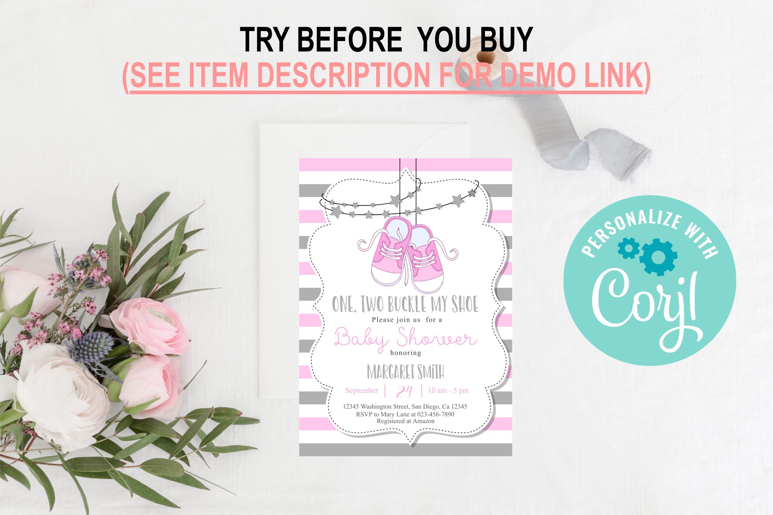 Baby Shower Invitation / Set Editable Pink Shoes Baby Shower Invitation, Shoes Baby Shower Invite, Pink Baby Girl Shoes, PRINTABLE Corjl 5x7