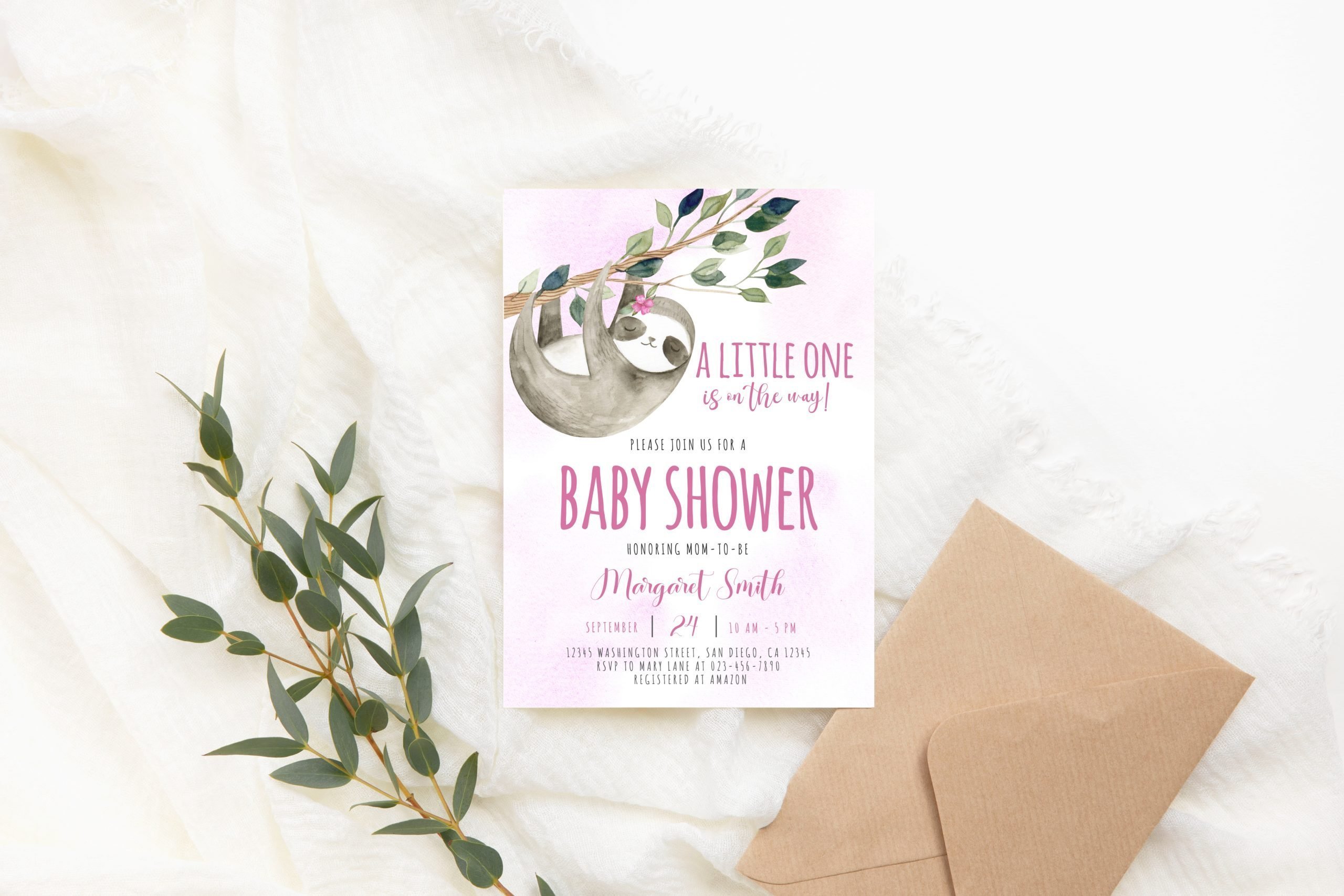 Baby Shower Invitation / Set Editable Cute Pink Sloth Baby Shower Invitation, Girl Sloth Baby Shower Party Invite Corjl Template Adorable sloth baby shower invitation