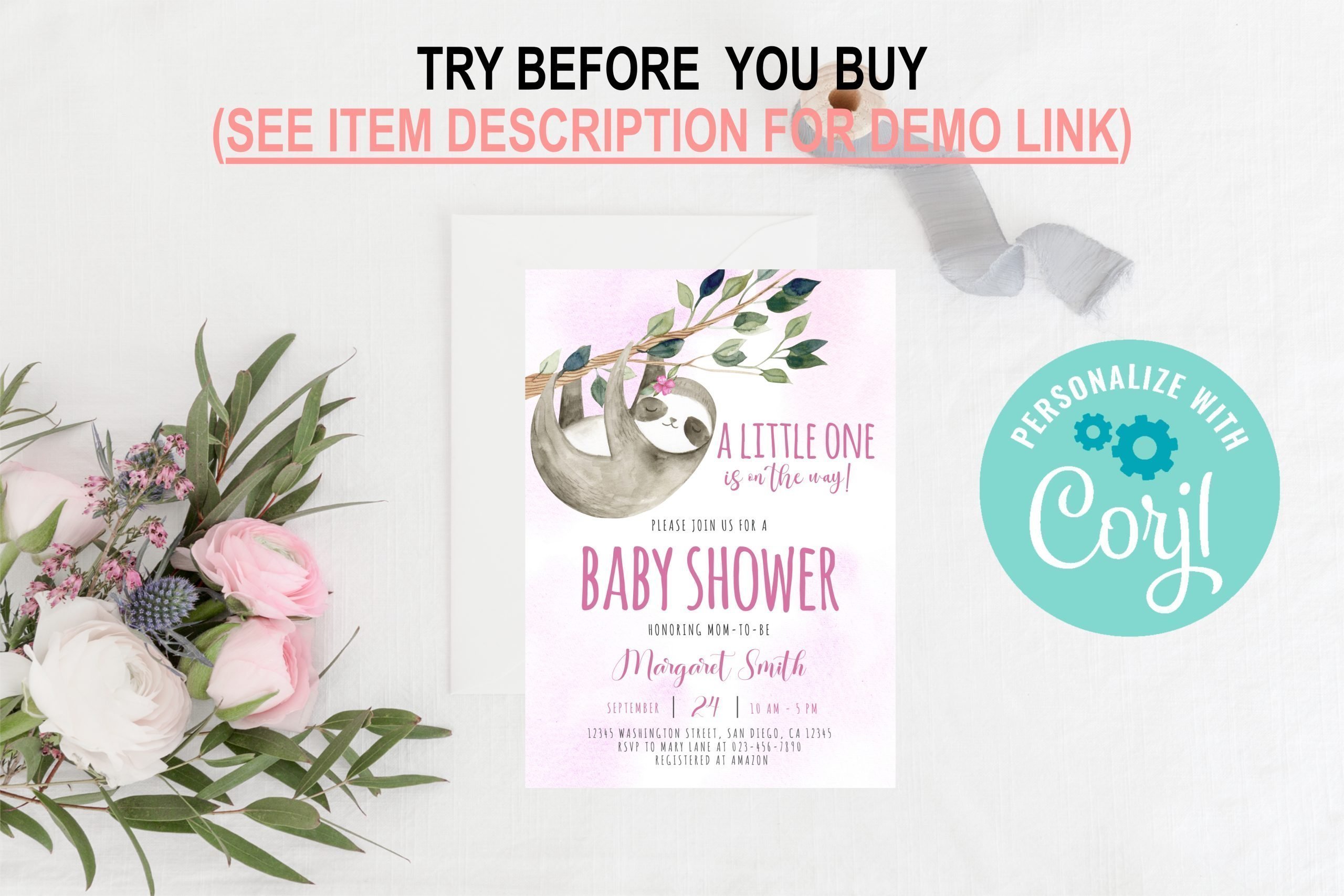 Baby Shower Invitation / Set Editable Cute Pink Sloth Baby Shower Invitation, Girl Sloth Baby Shower Party Invite Corjl Template Adorable sloth baby shower invitation