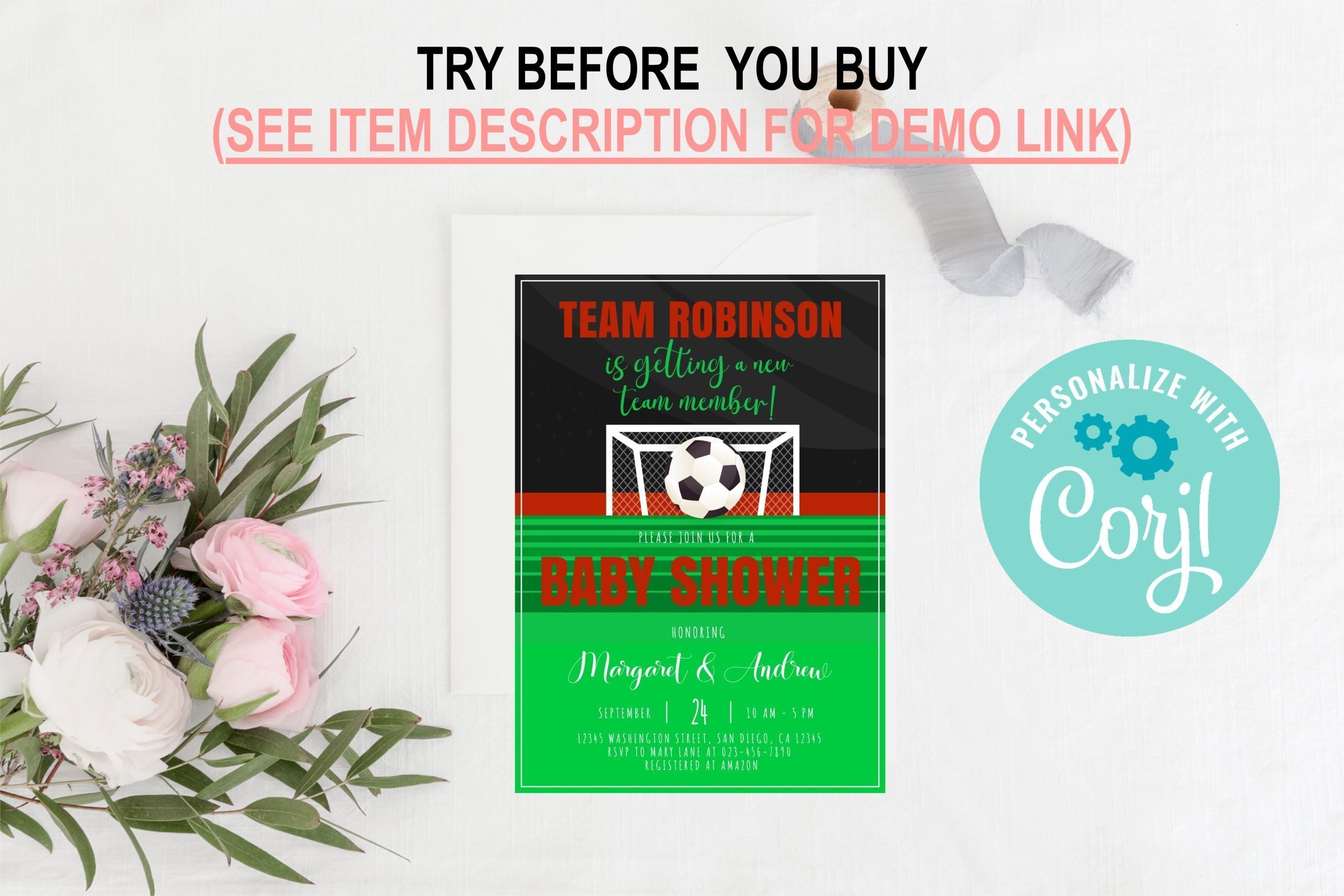 Baby Shower Invitation / Set Editable Soccer Themed Baby Shower Invitation – PRINTABLE Corjl Template Baby Shower Invitation