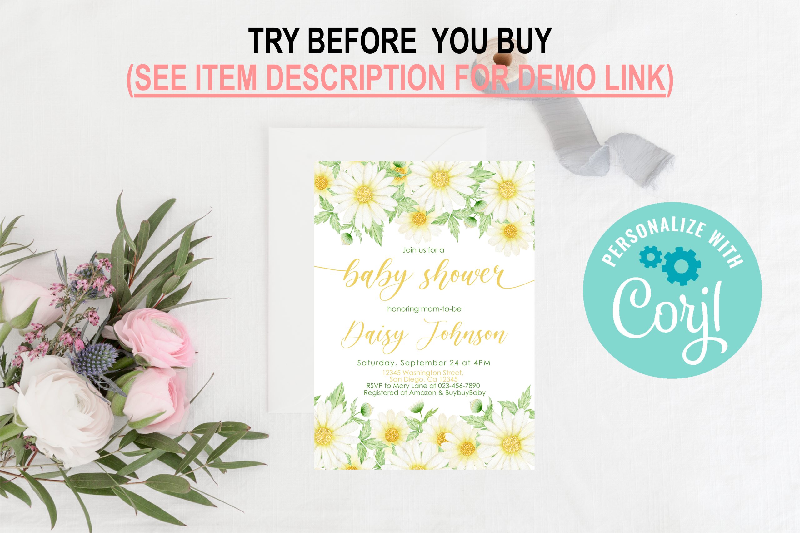 Baby Shower Invitation / Set Editable White Daisy Baby Shower Invitation Baby Shower Invitation Template