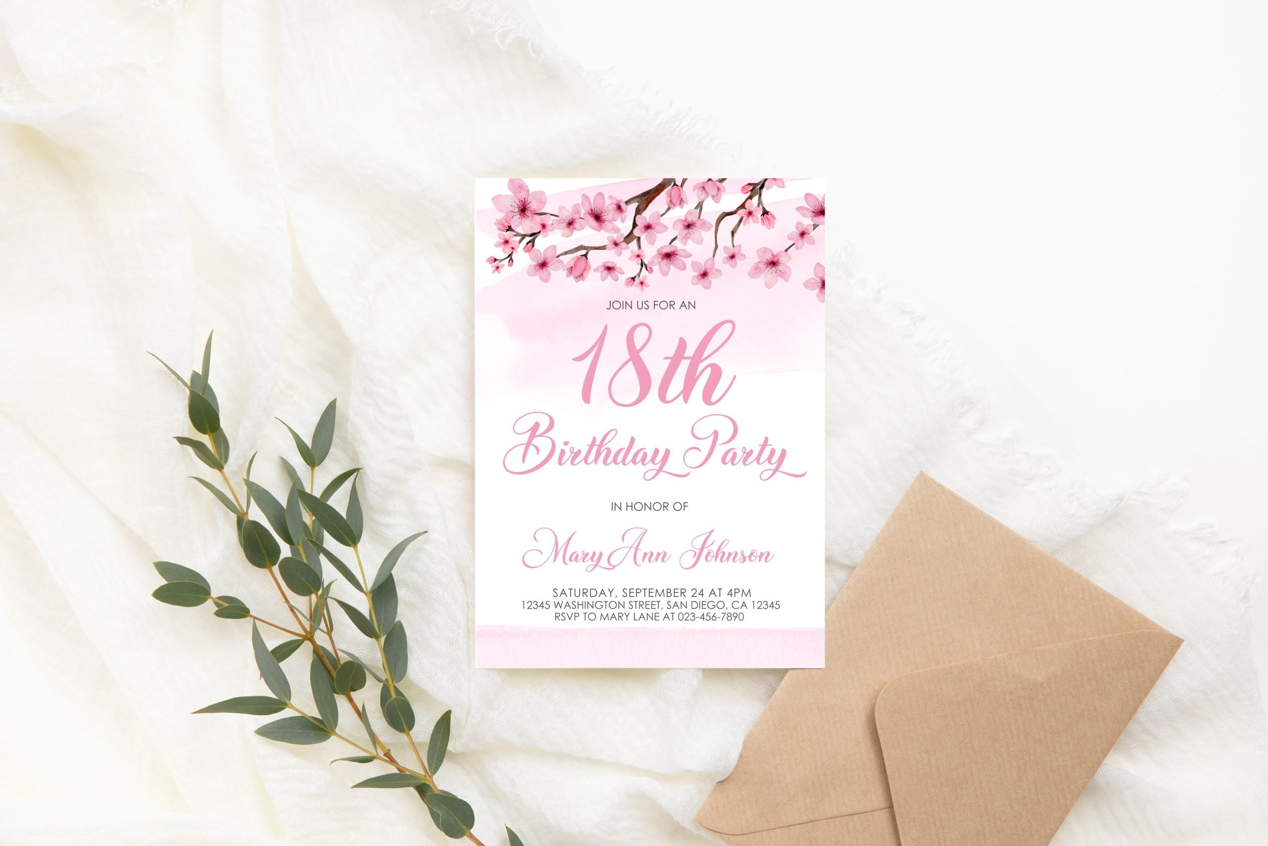 Birthday Invitations Editable Cherry Blossom Birthday Party Invitation – Sakura Bloom Pink Floral Invite – Japanese Flower Printable Template 5x7 Invitation Template