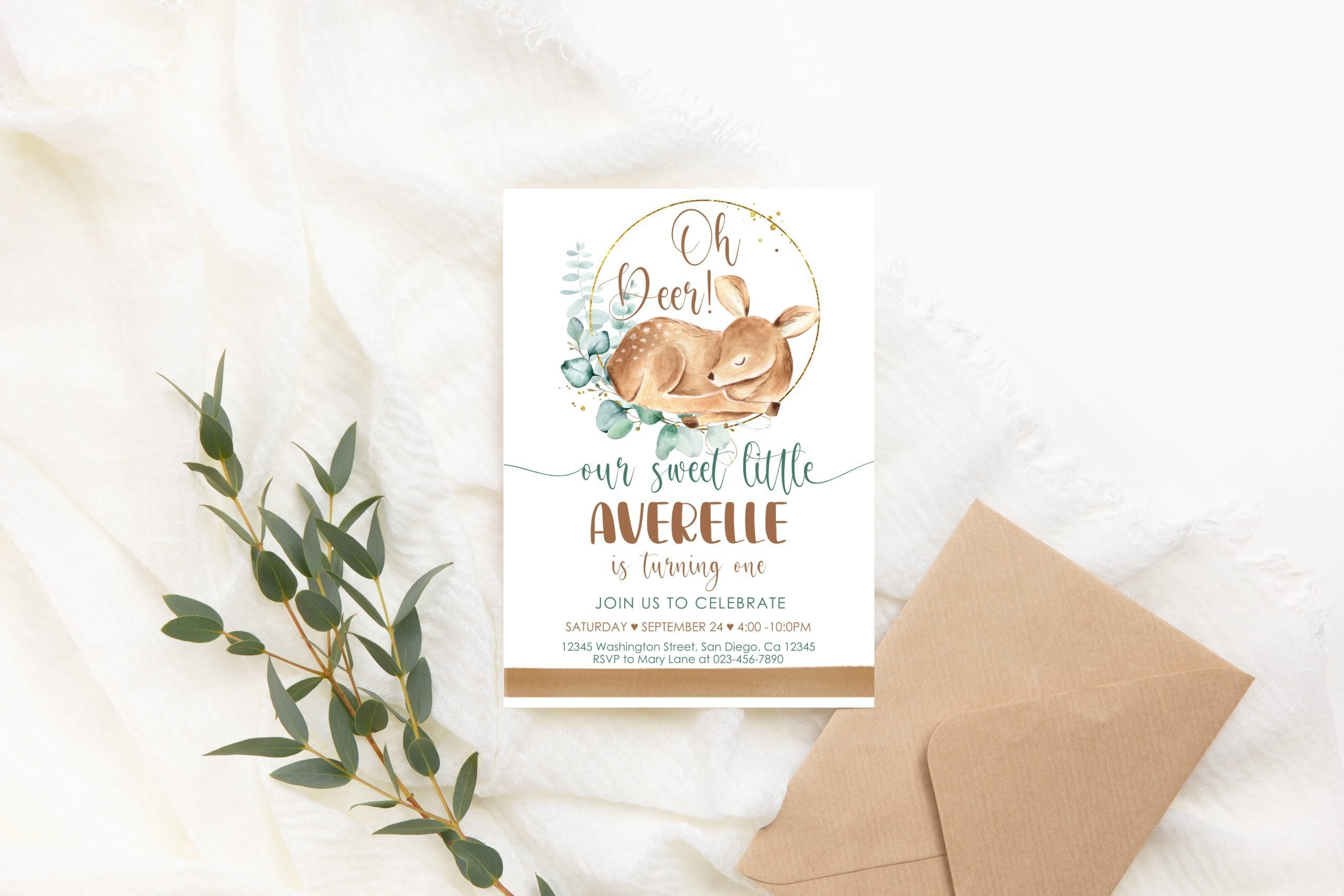 Birthday Invitations Editable Deer Birthday Invitation, Greenery Deer Design, First Birthday Party birthday celebration